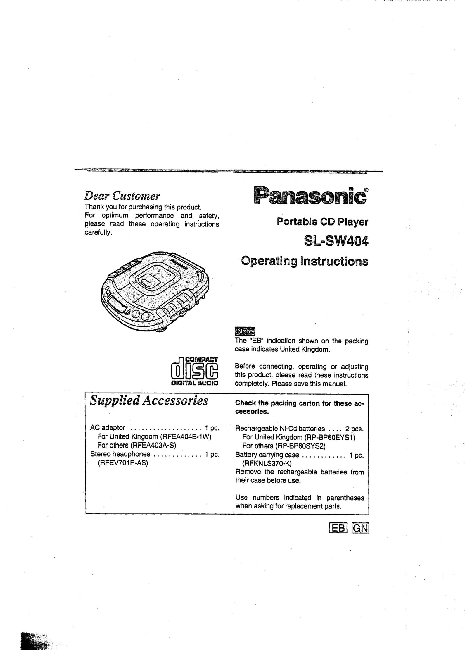Panasonic SL-SW404 Portable CD Player User Manual