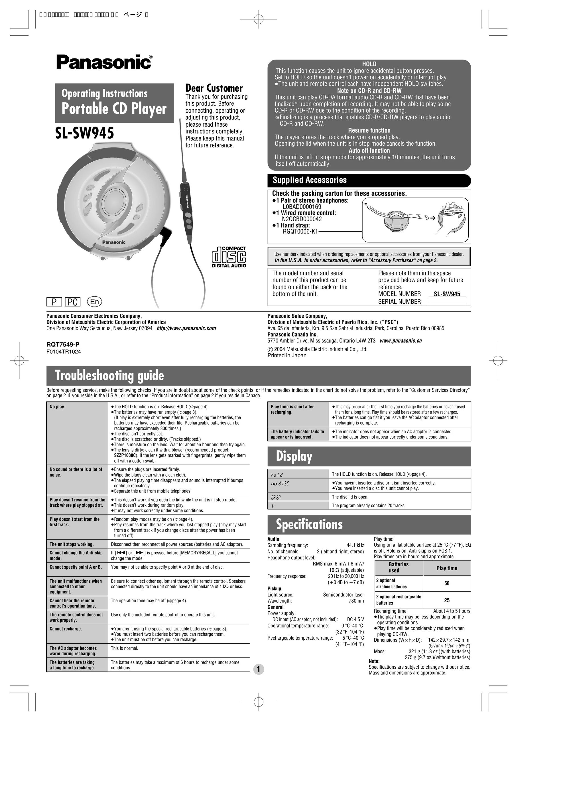 Panasonic SL-SW945 Portable CD Player User Manual