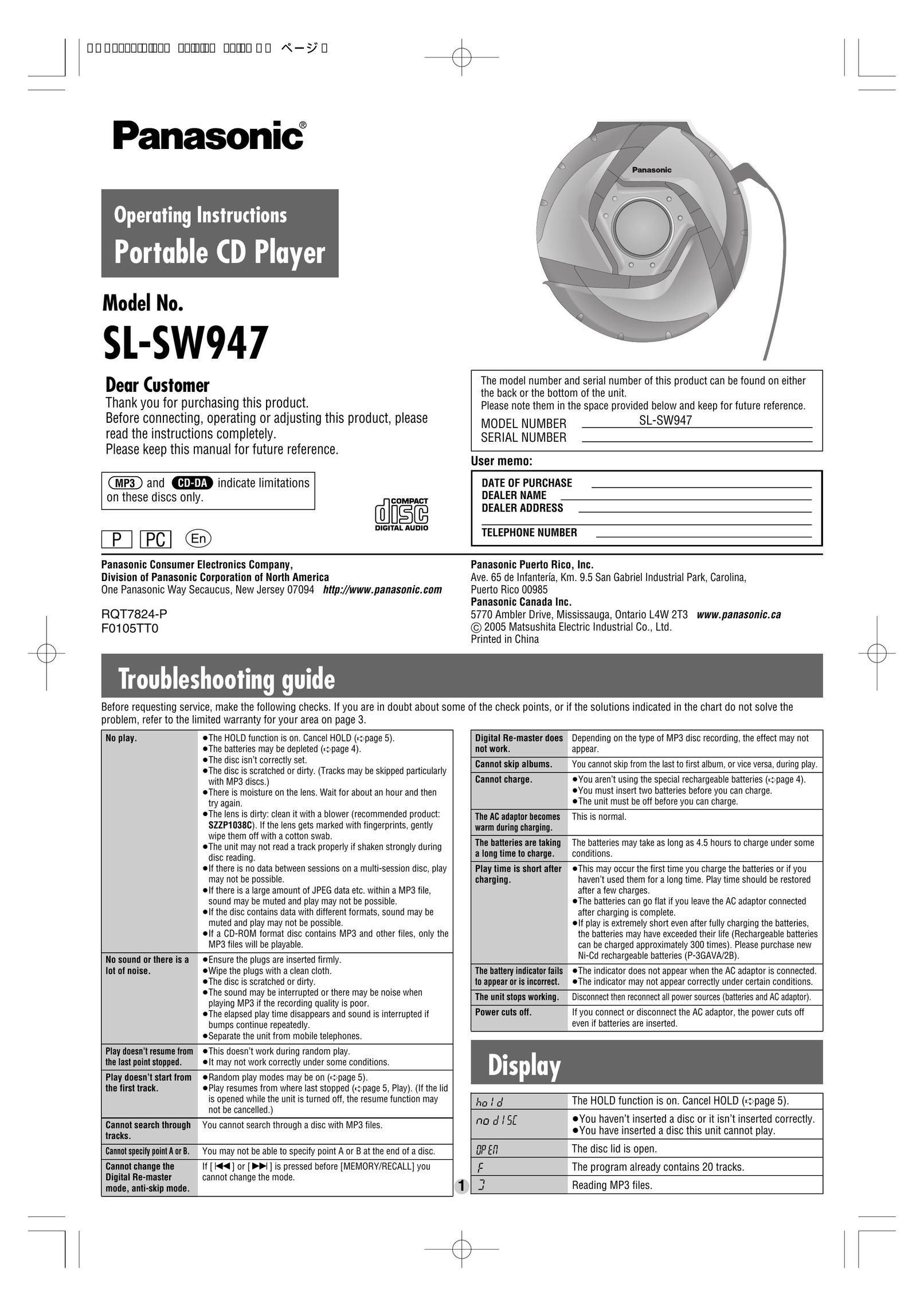 Panasonic SL-SW947 Portable CD Player User Manual