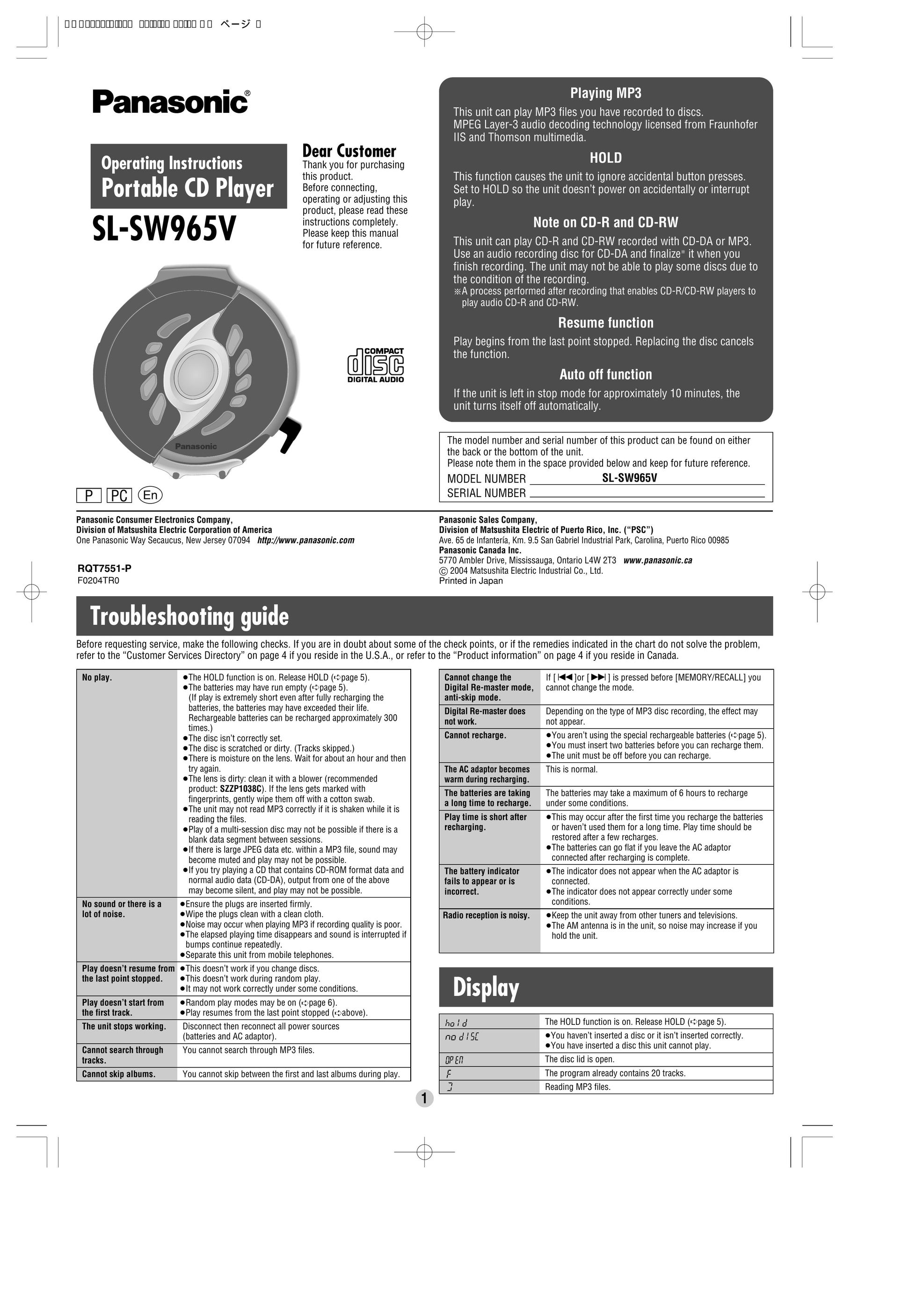 Panasonic SL-SW965V Portable CD Player User Manual