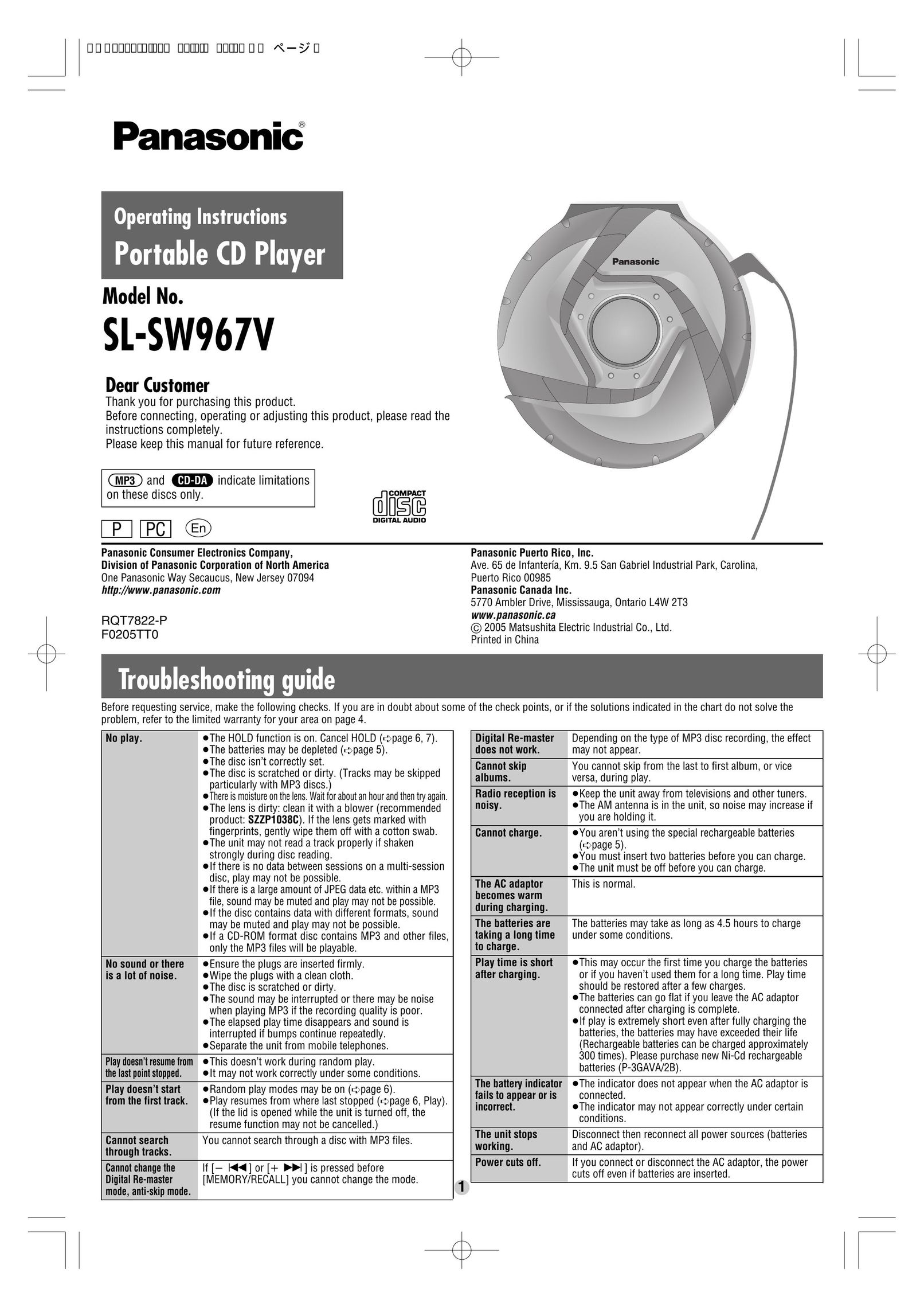 Panasonic SL-SW967V Portable CD Player User Manual