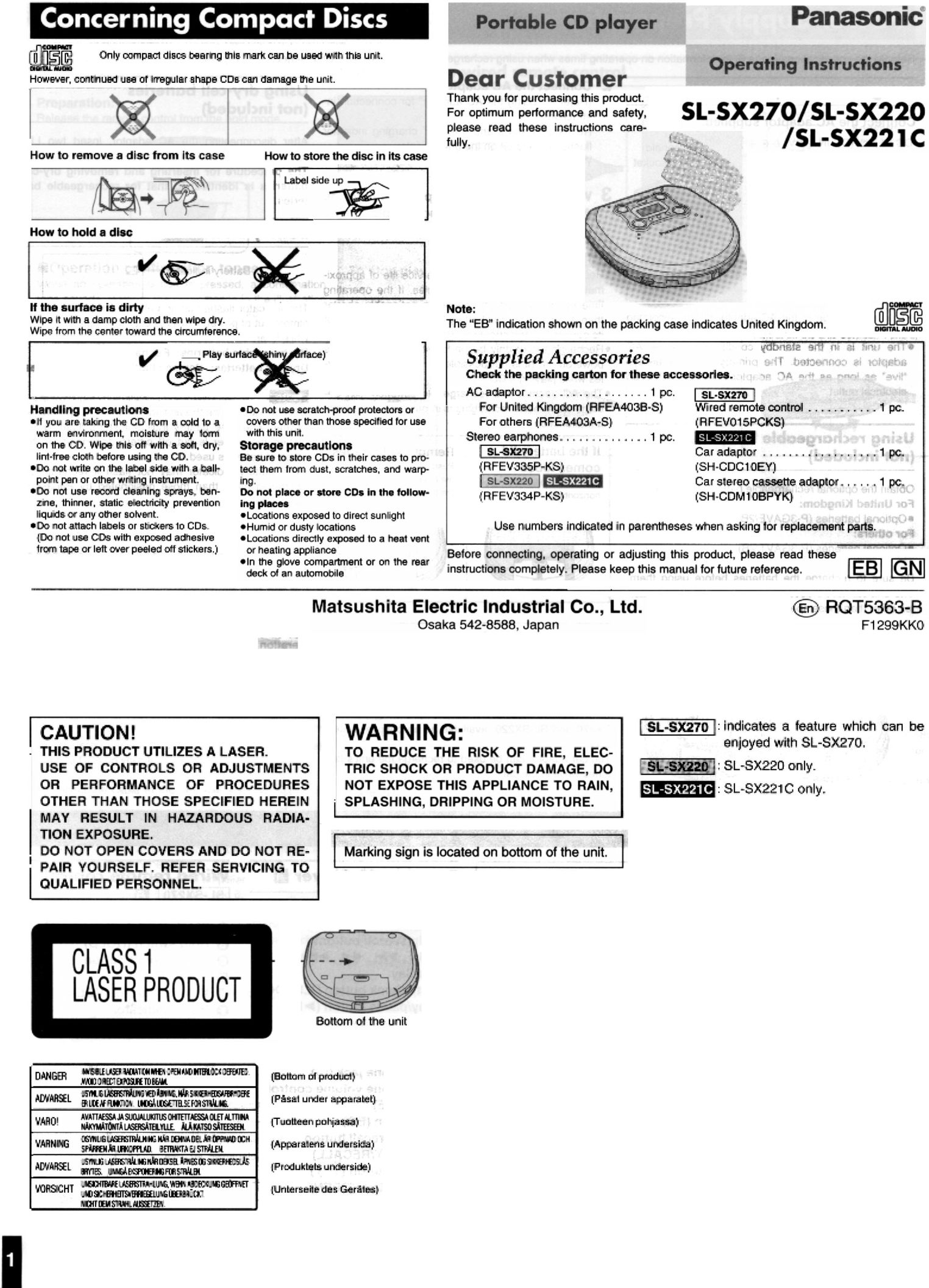 Panasonic SL-SX221C Portable CD Player User Manual