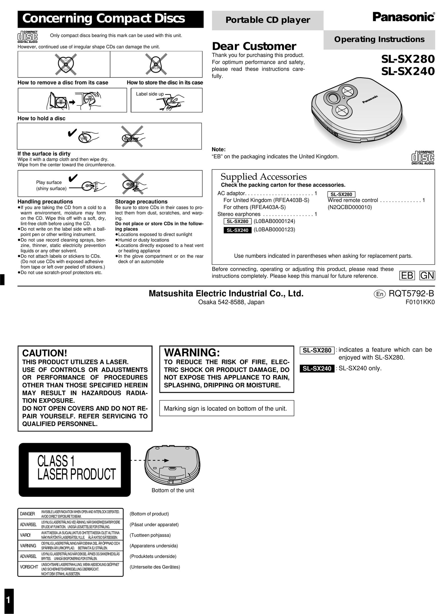 Panasonic SL-SX240 Portable CD Player User Manual