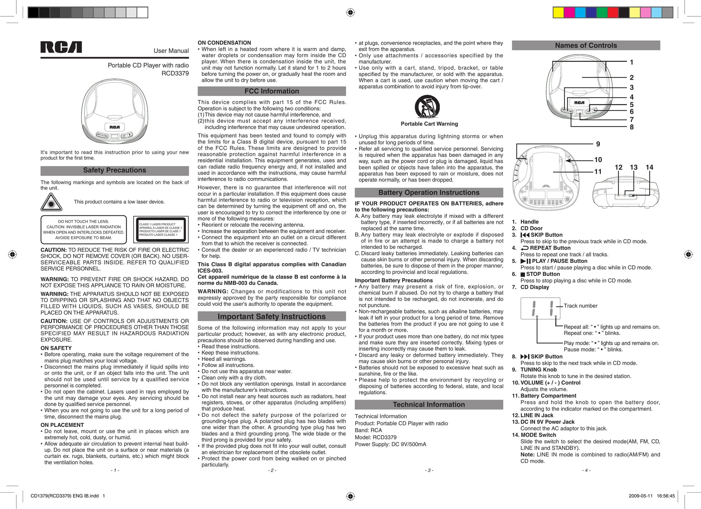 RCA RCD3379 Portable CD Player User Manual