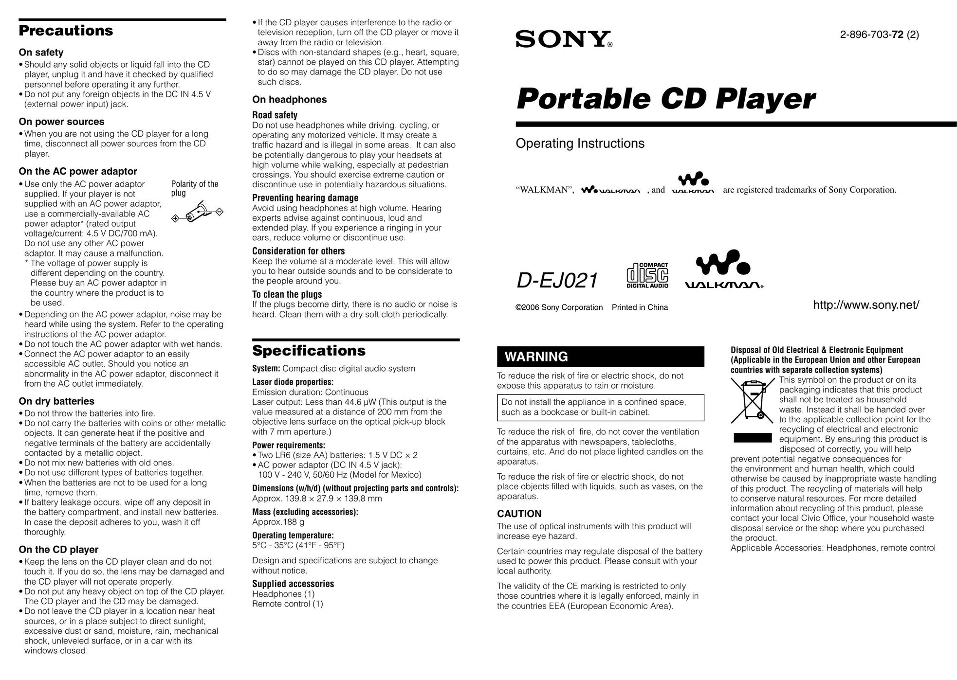 Sony 2-896-703-72 (2) Portable CD Player User Manual