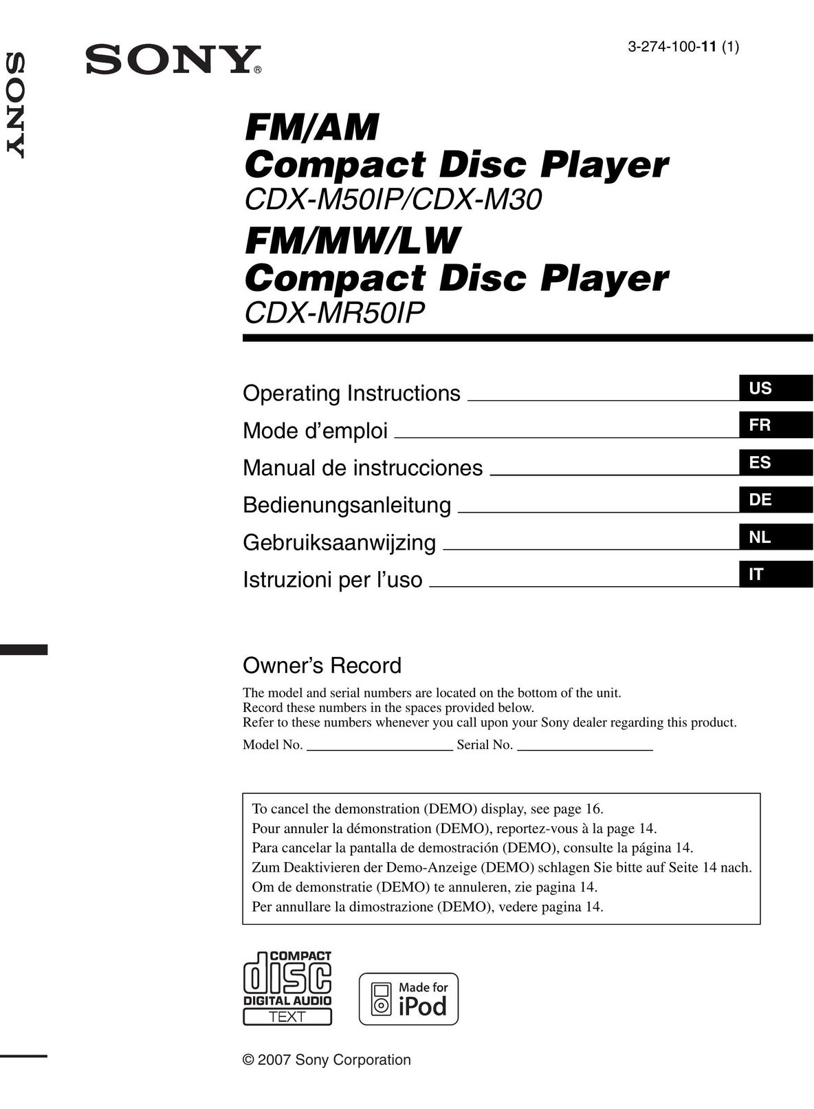 Sony CDX-M30 Portable CD Player User Manual