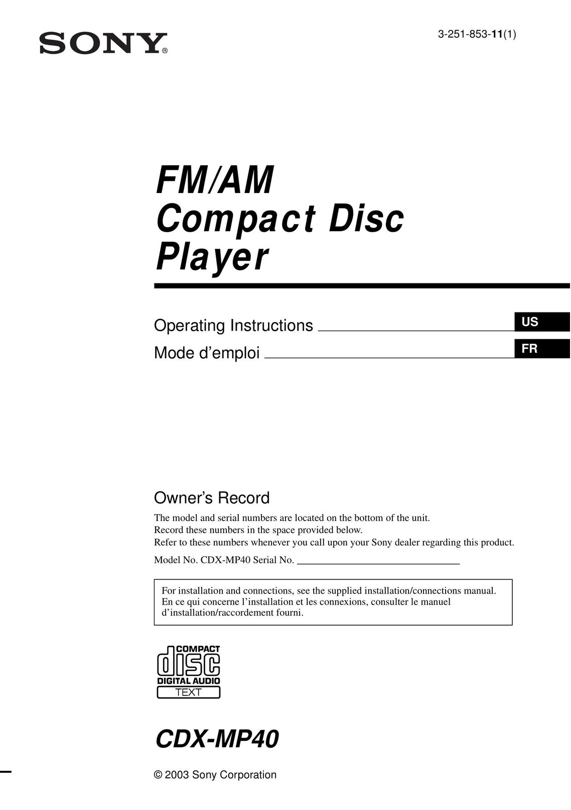 Sony CDX-MP40 Portable CD Player User Manual