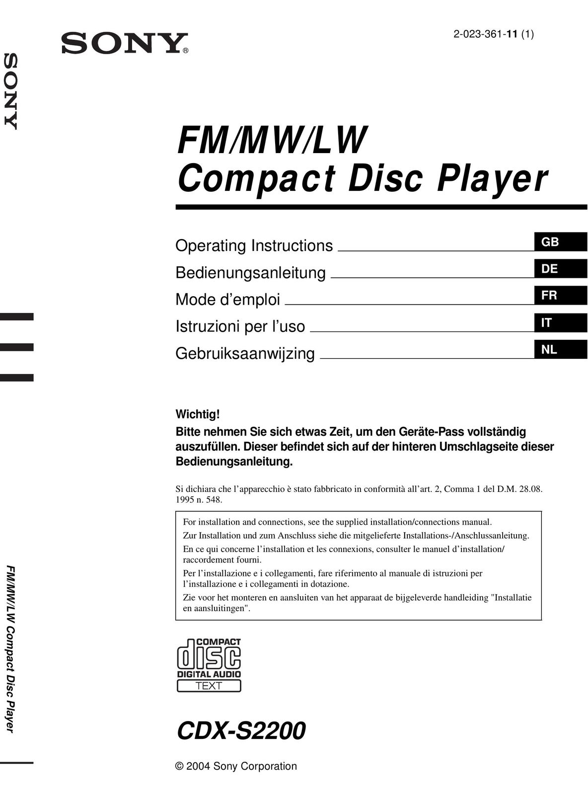 Sony CDX-S2200 Portable CD Player User Manual