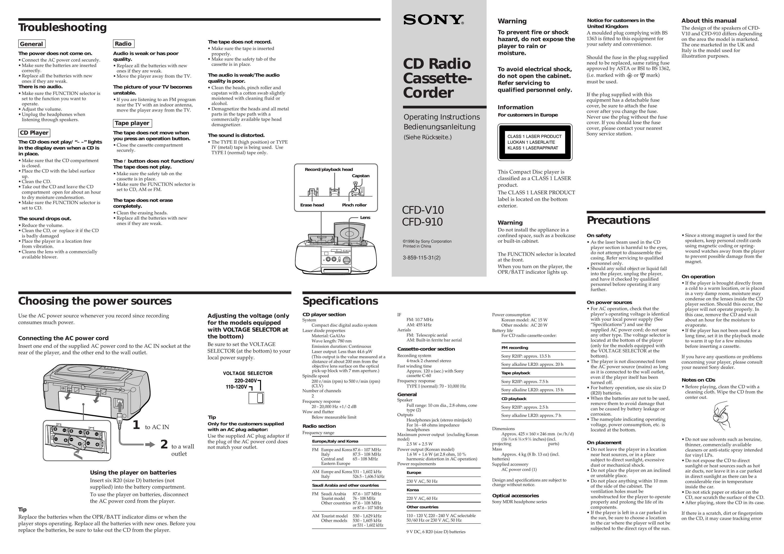 Sony CFD-910 Portable CD Player User Manual