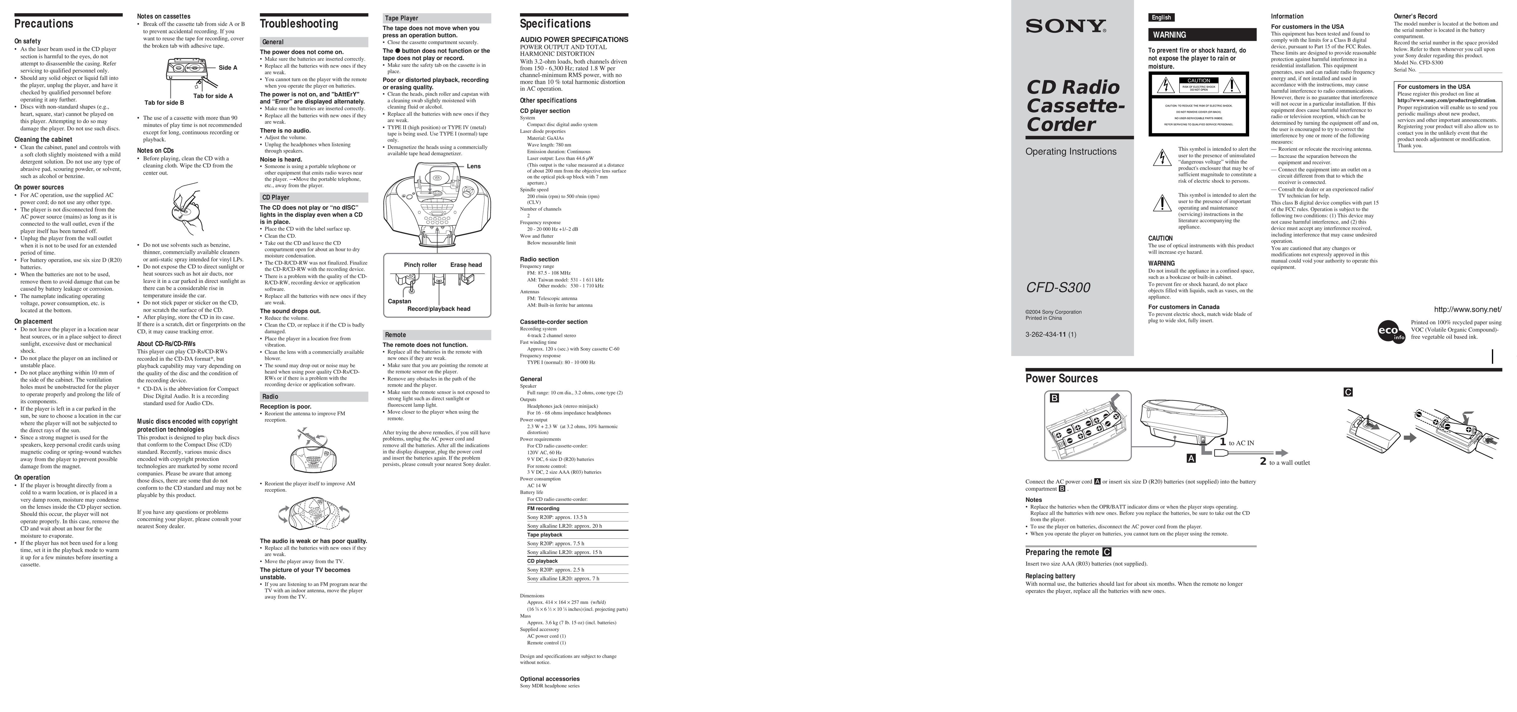 Sony CFD-S300 Portable CD Player User Manual