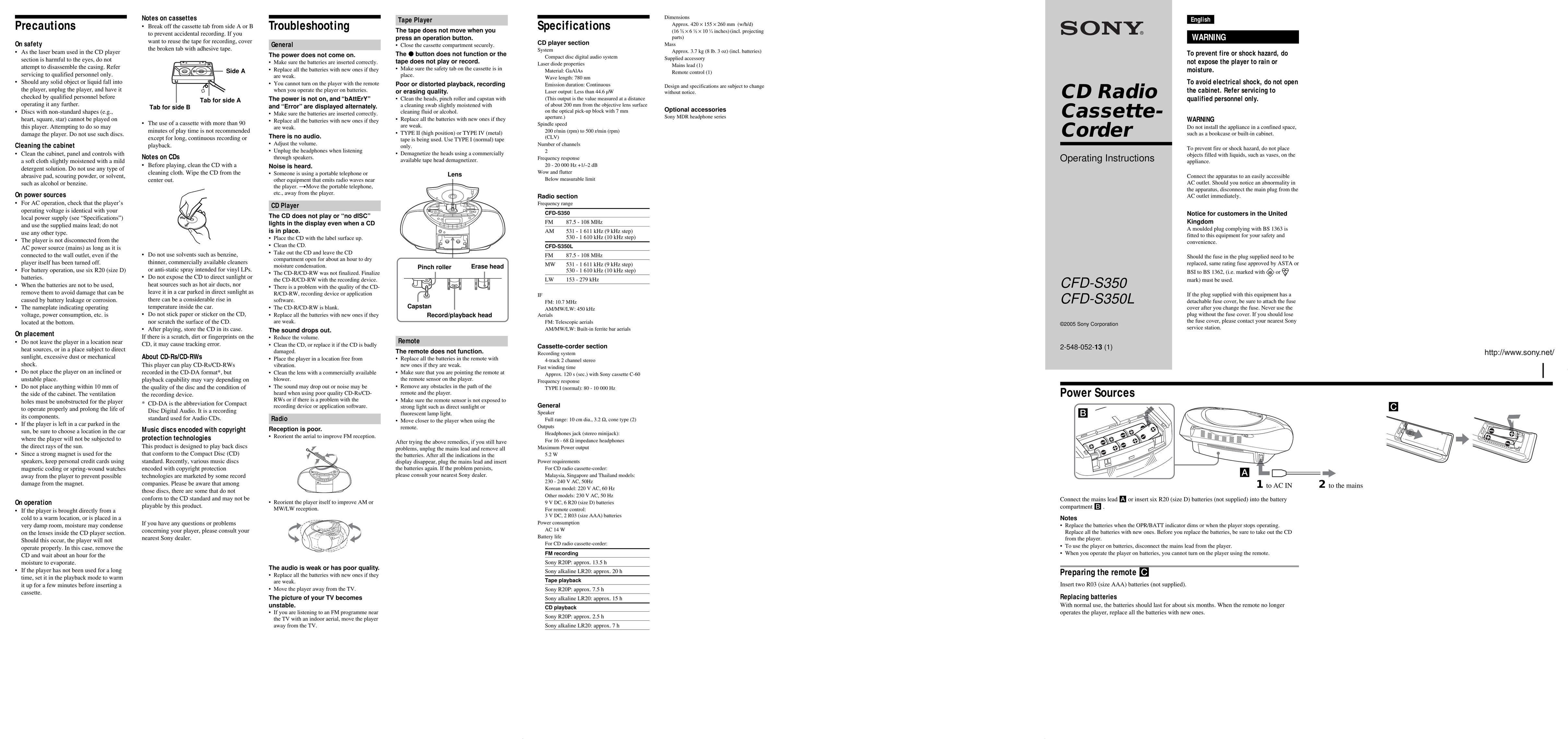 Sony CFD-S350L Portable CD Player User Manual