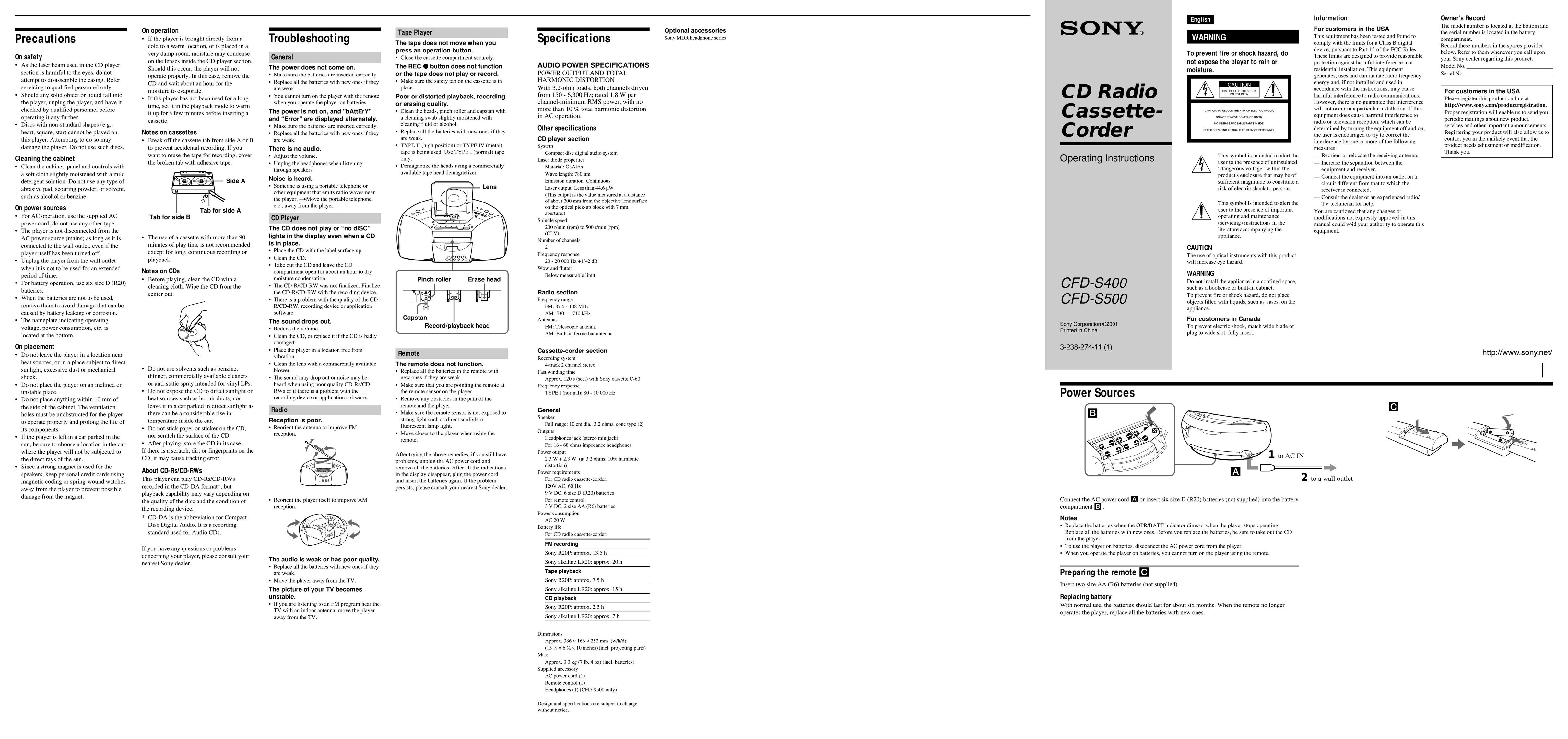 Sony CFD-S400 Portable CD Player User Manual