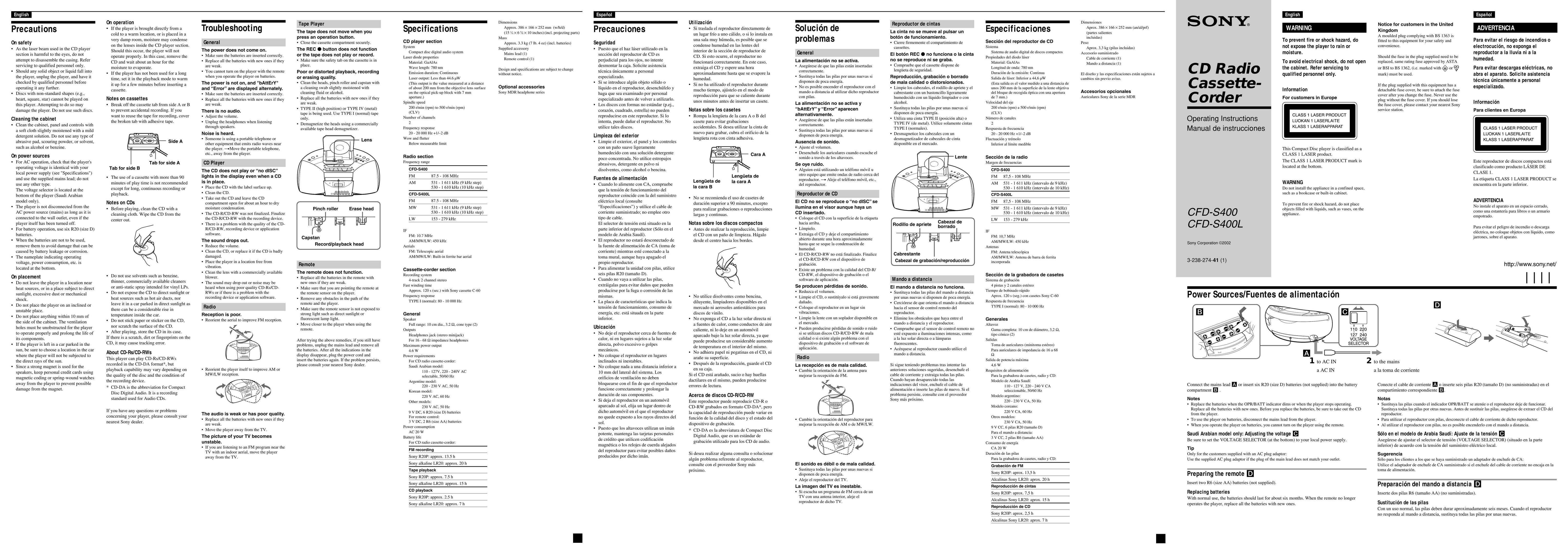Sony CFD-S400L Portable CD Player User Manual