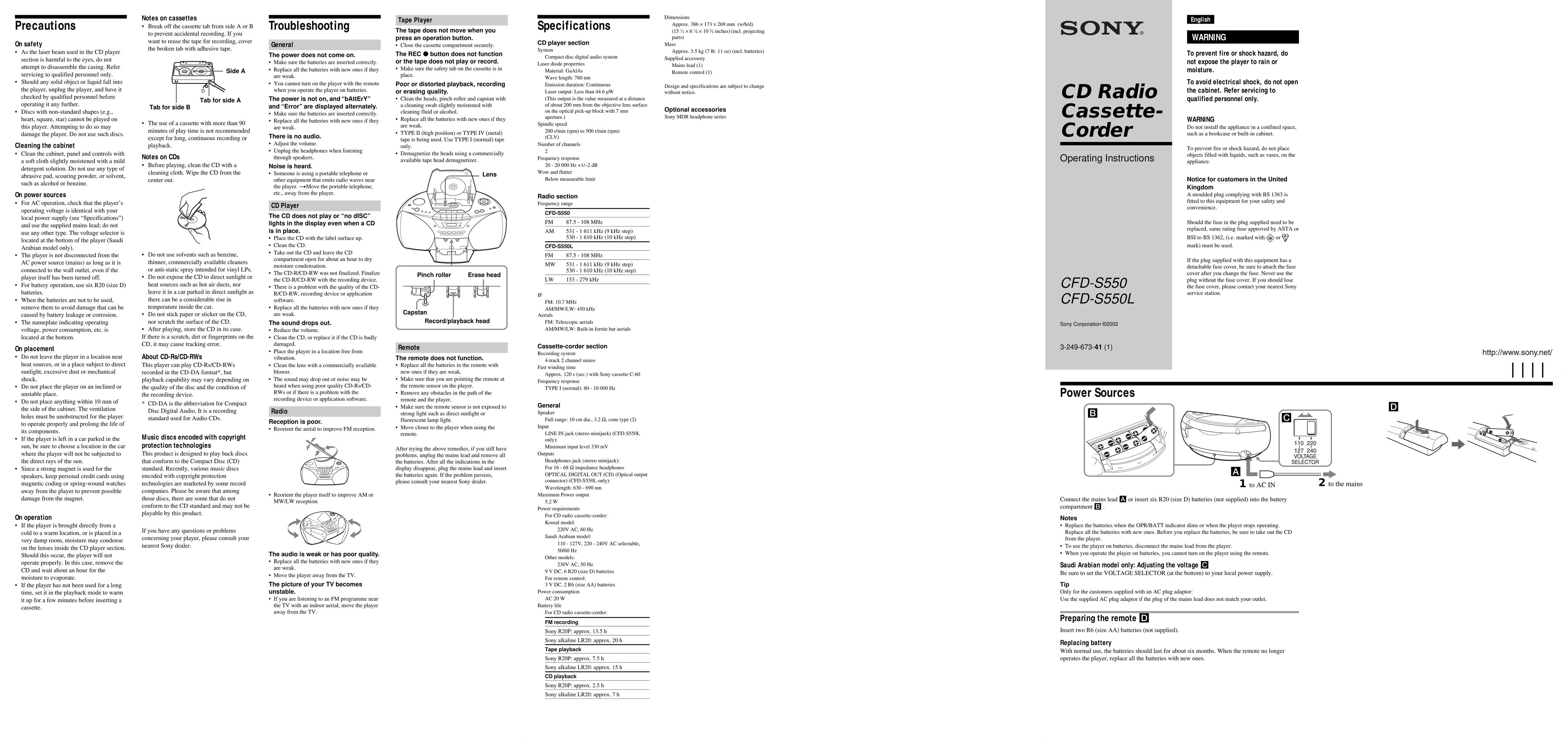 Sony CFD-S550L Portable CD Player User Manual