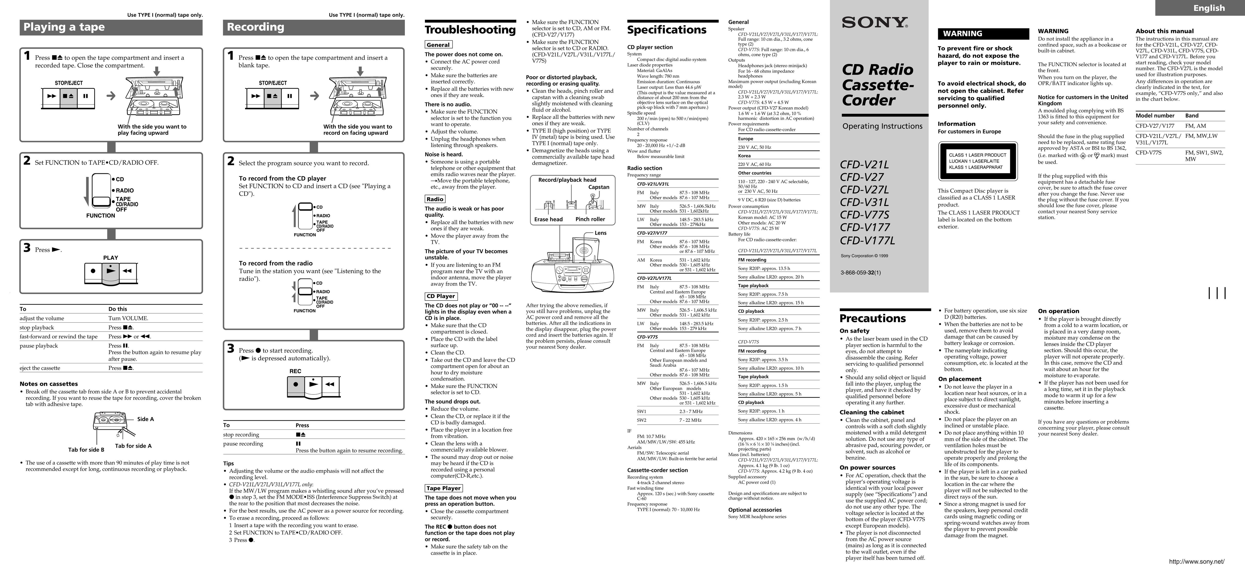 Sony CFD-V177L Portable CD Player User Manual