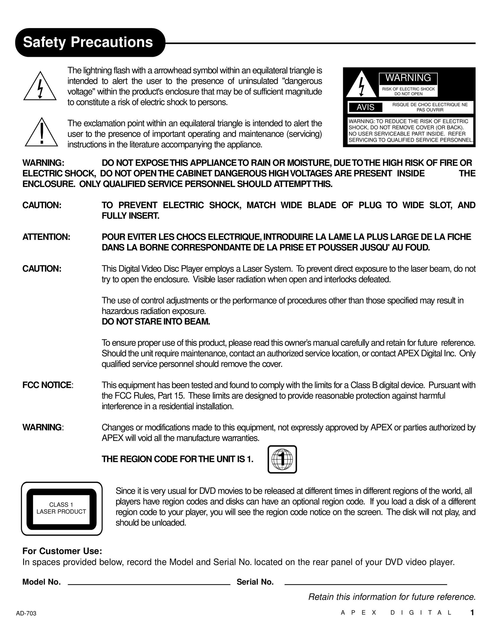 Apex Digital LAD-703 Portable DVD Player User Manual