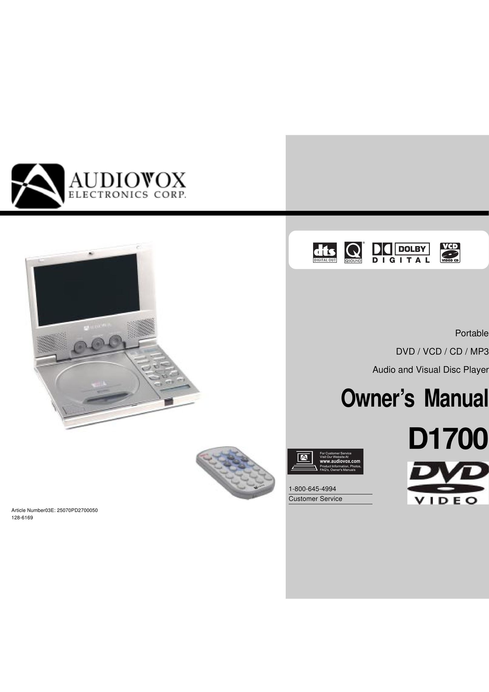 Audiovox D1700 Portable DVD Player User Manual