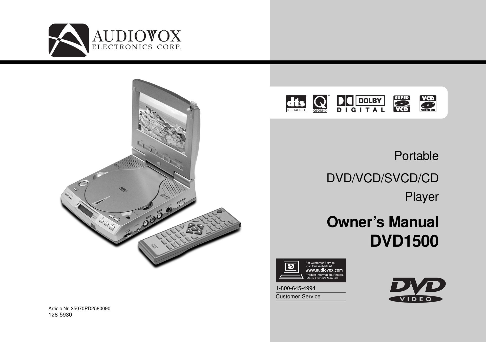 Audiovox DVD1500 Portable DVD Player User Manual