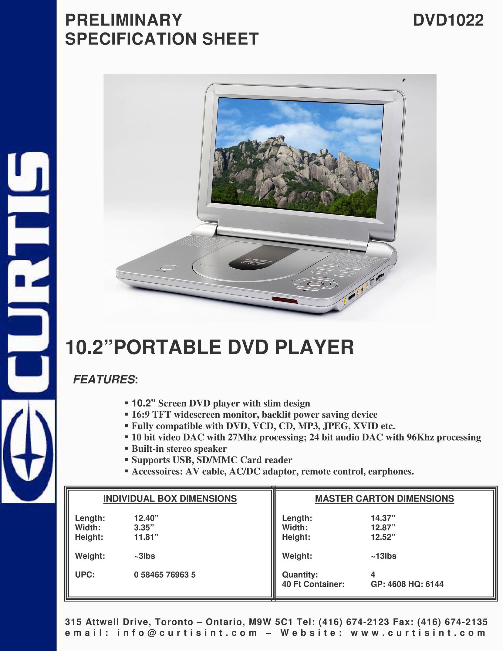 Curtis DVD1022 Portable DVD Player User Manual