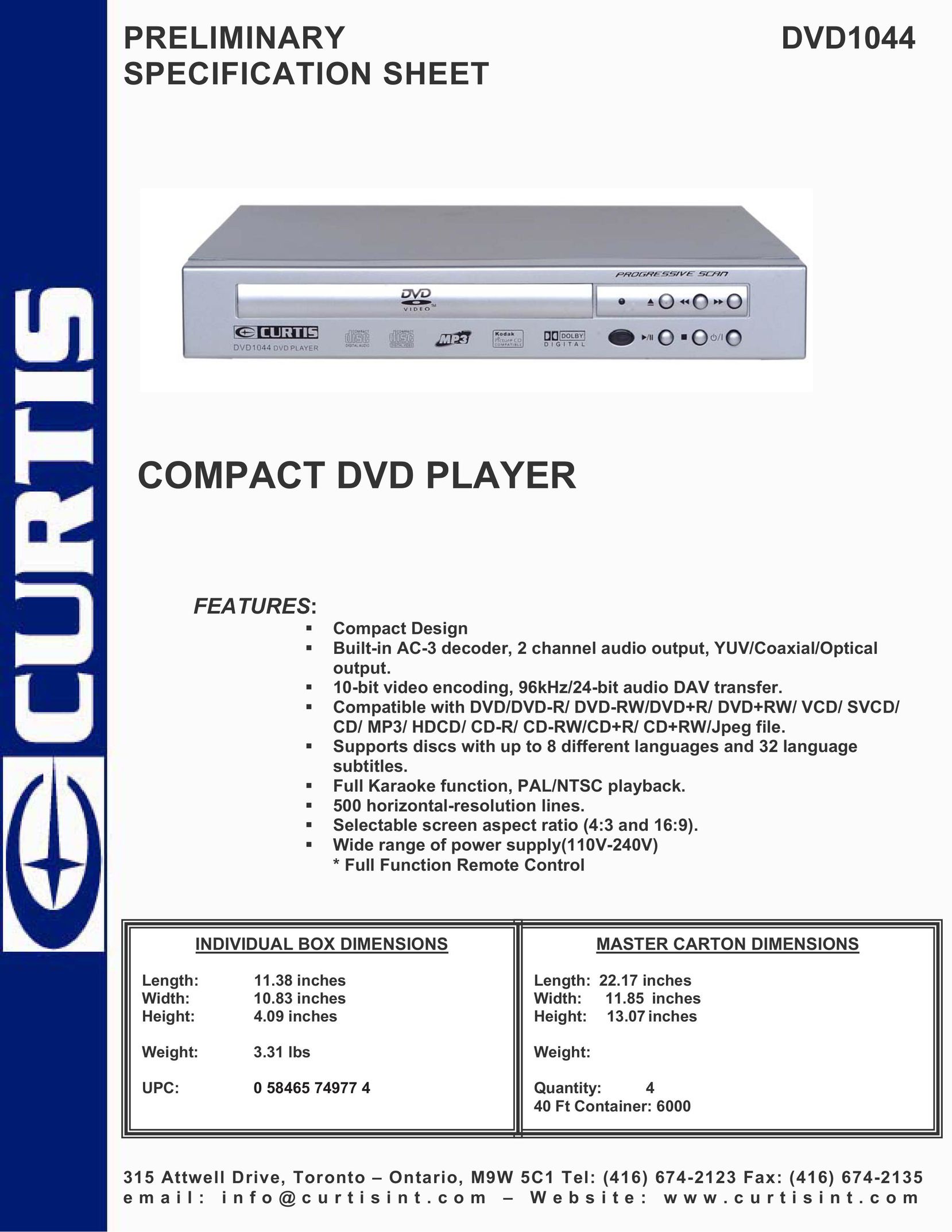 Curtis DVD1044 Portable DVD Player User Manual