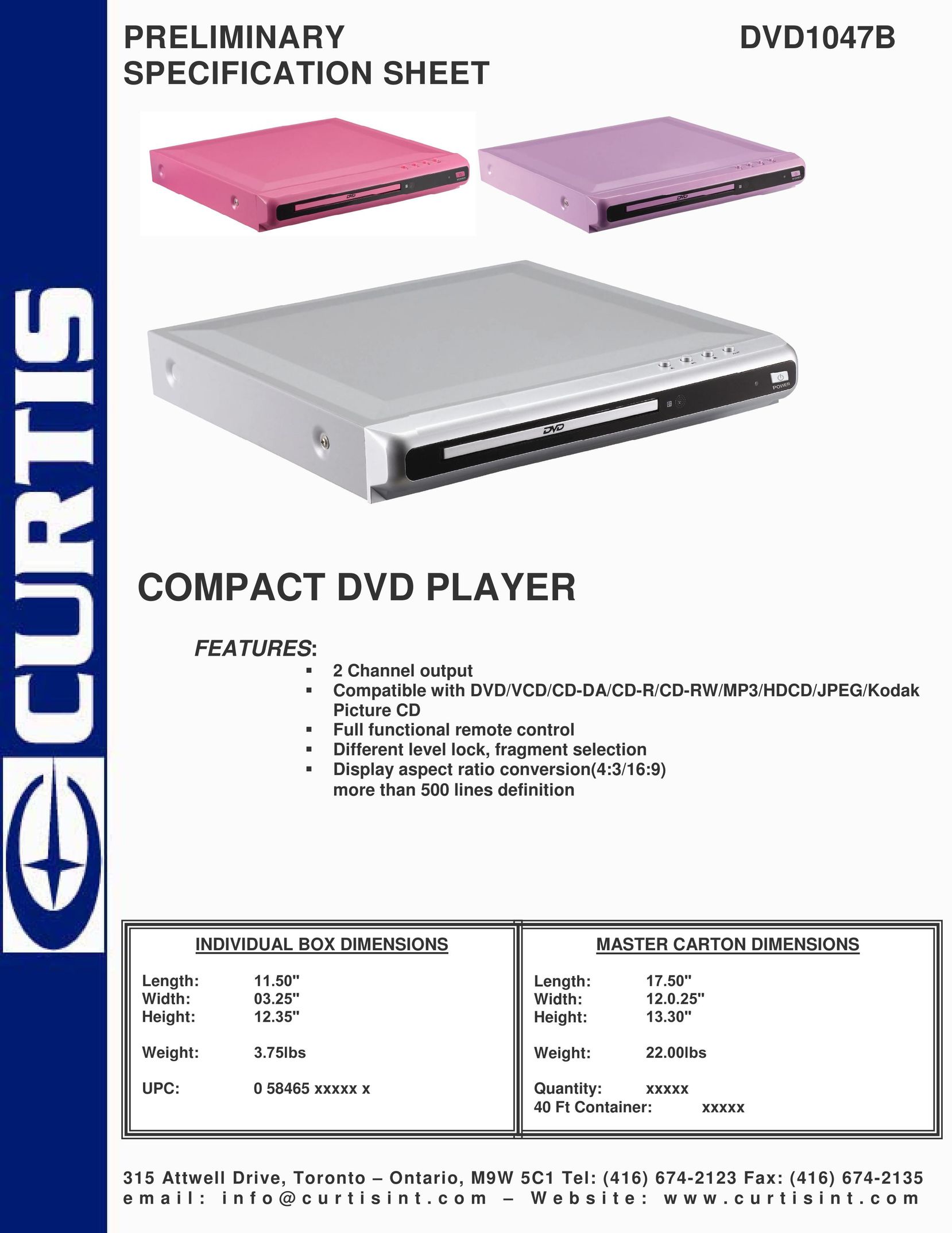Curtis DVD1047B Portable DVD Player User Manual