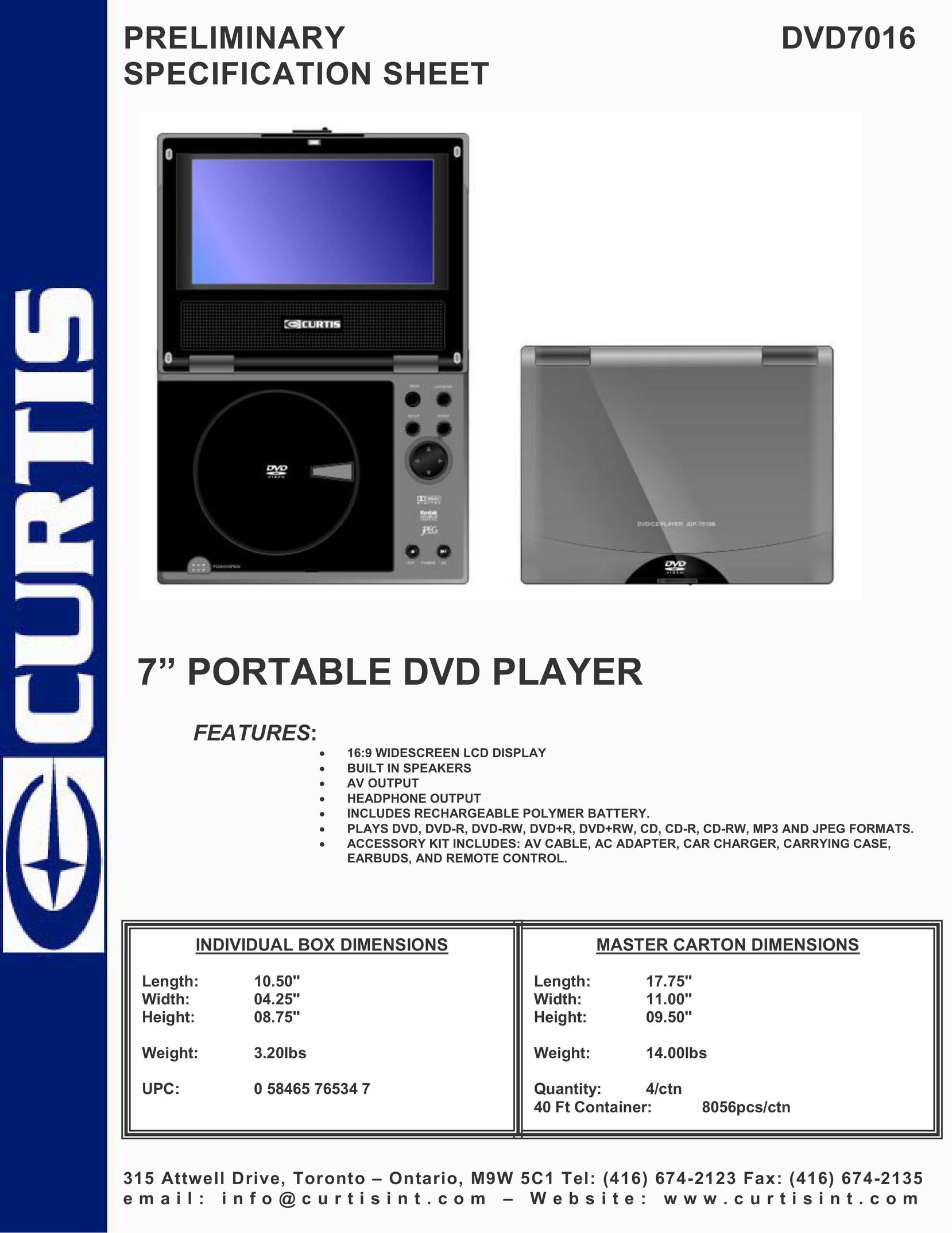 Curtis DVD7016 Portable DVD Player User Manual