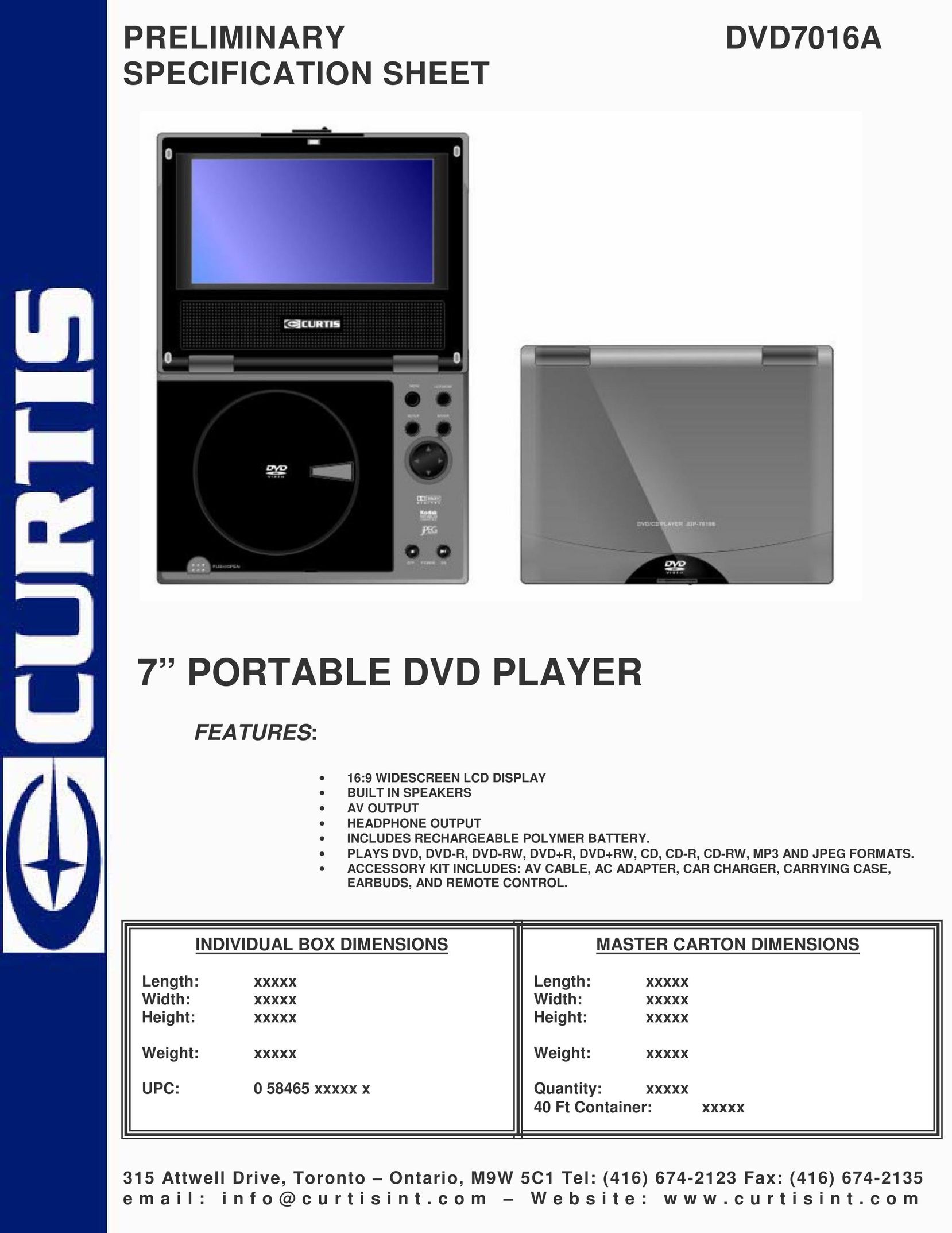 Curtis DVD7016A Portable DVD Player User Manual