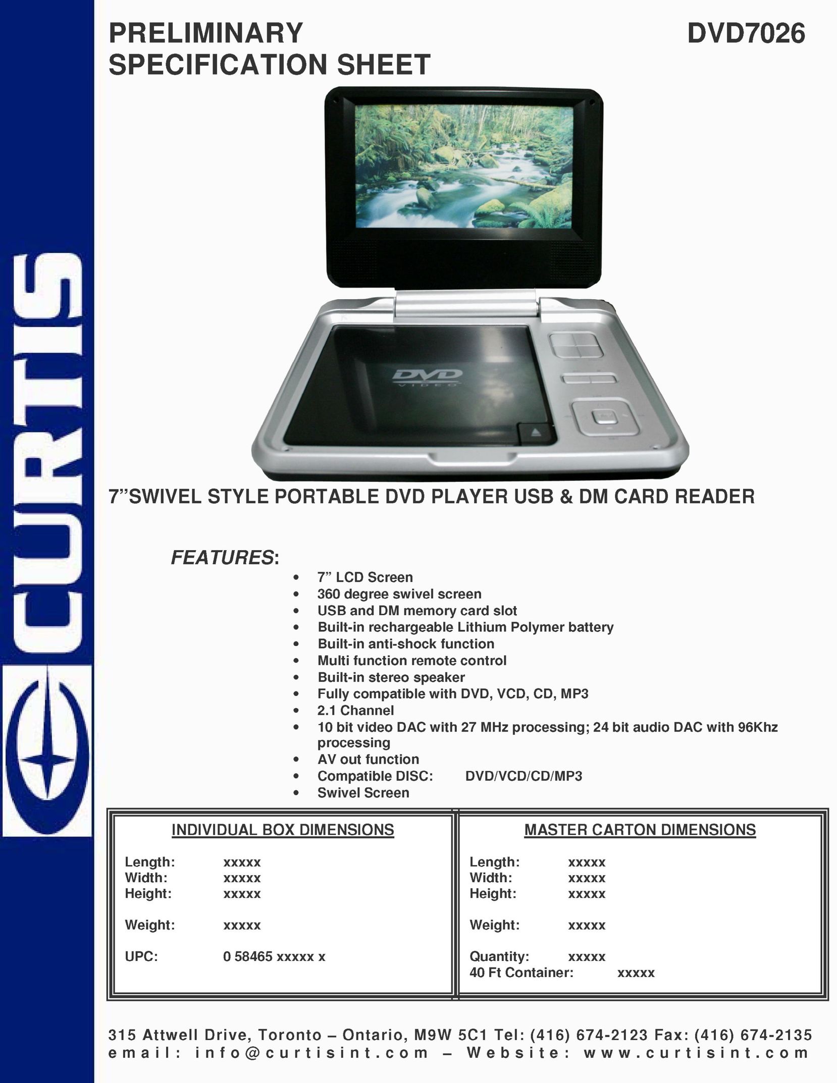 Curtis DVD7026 Portable DVD Player User Manual