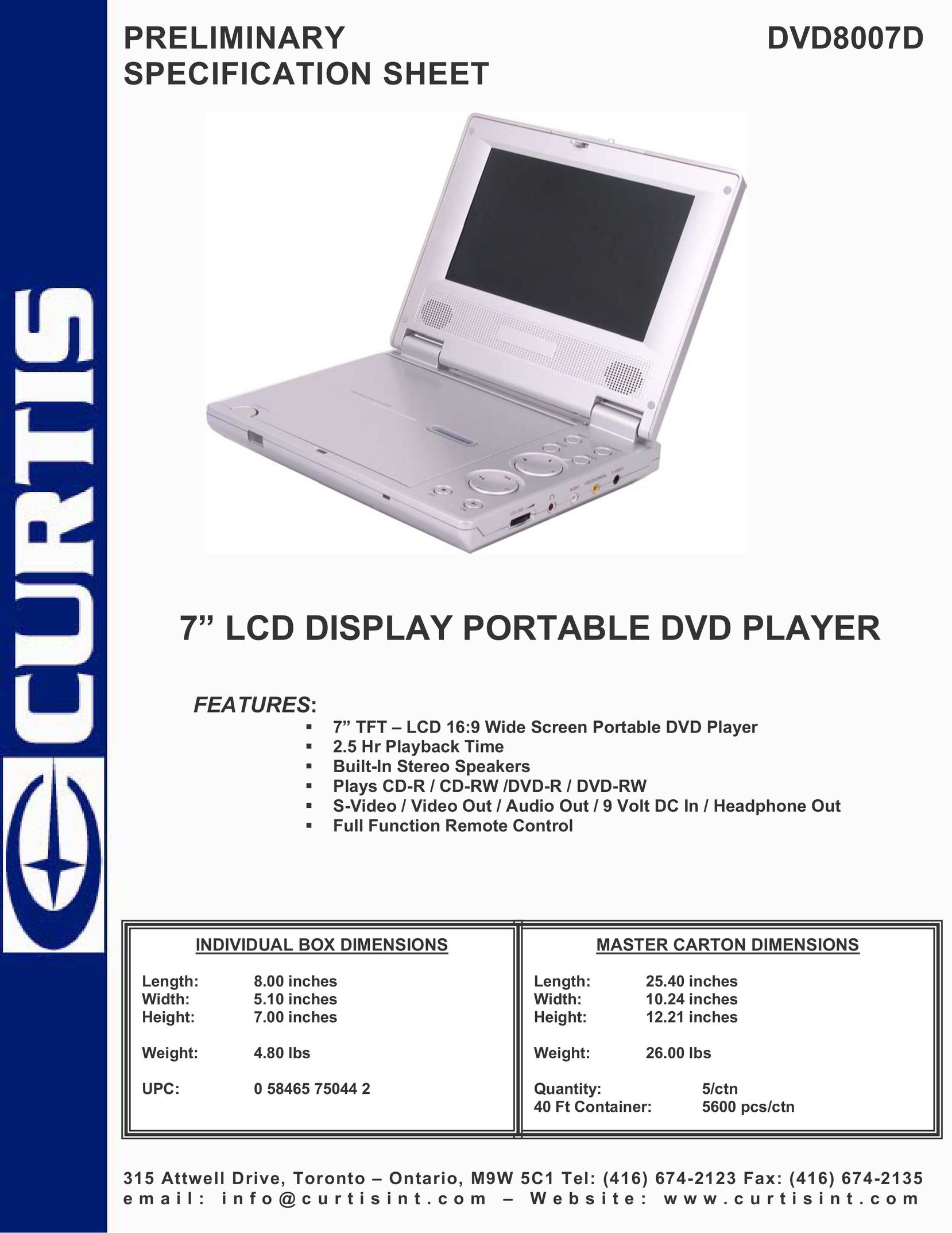 Curtis DVD8007D Portable DVD Player User Manual