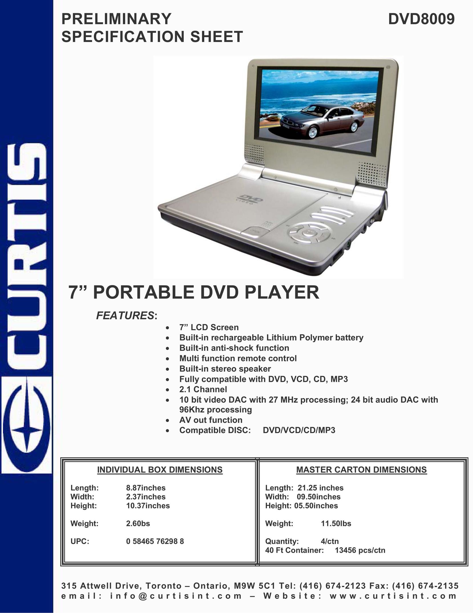 Curtis DVD8009 Portable DVD Player User Manual