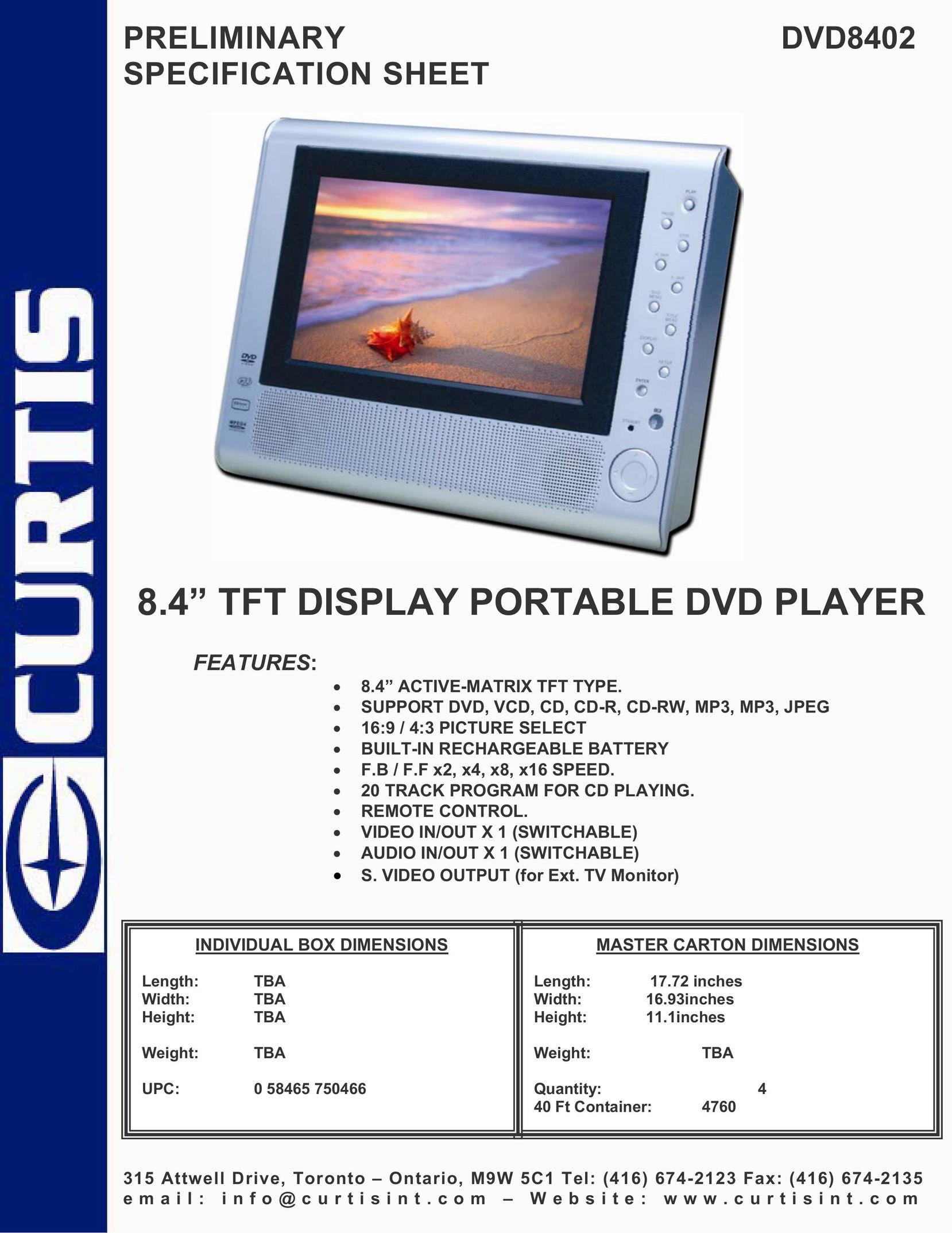 Curtis DVD8402 Portable DVD Player User Manual