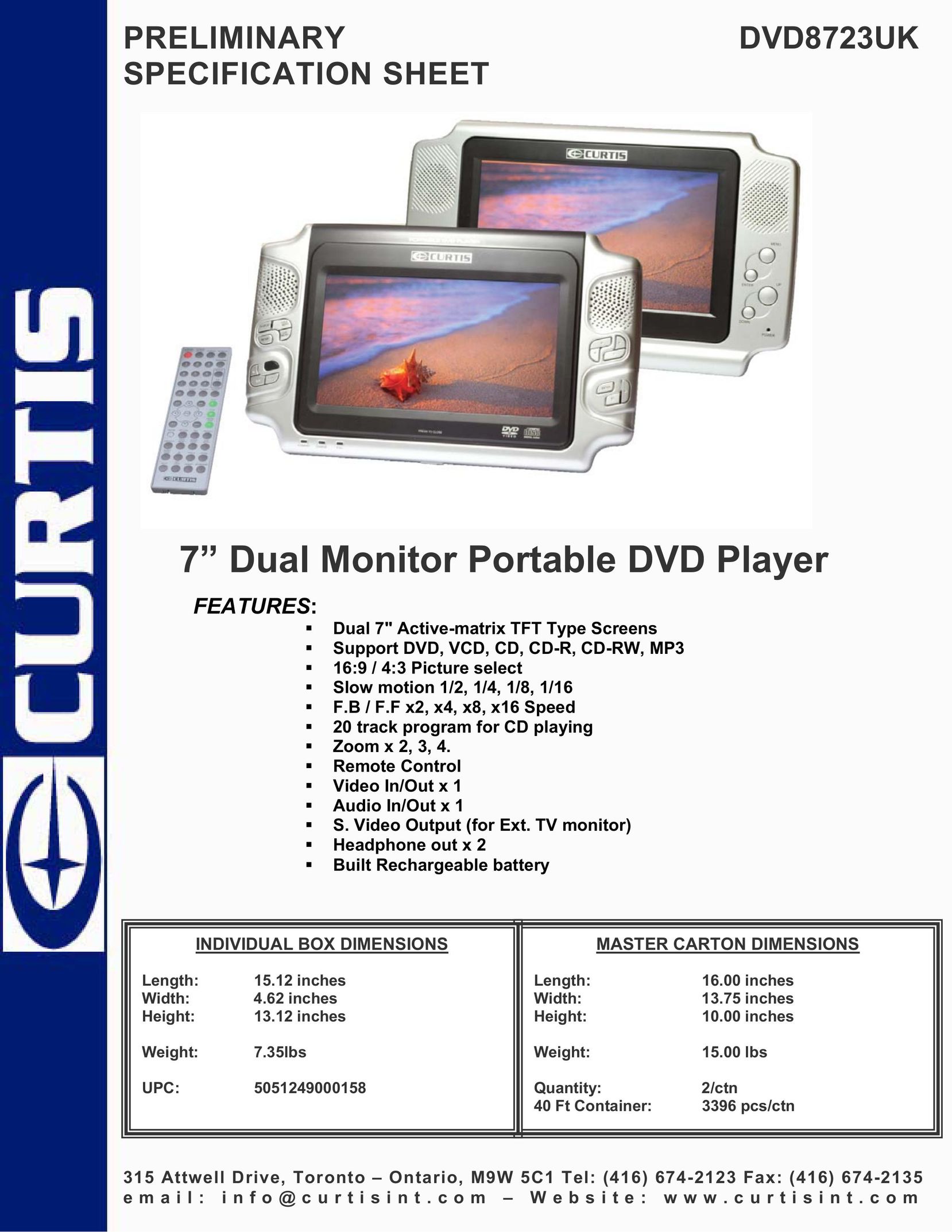 Curtis DVD8723UK Portable DVD Player User Manual