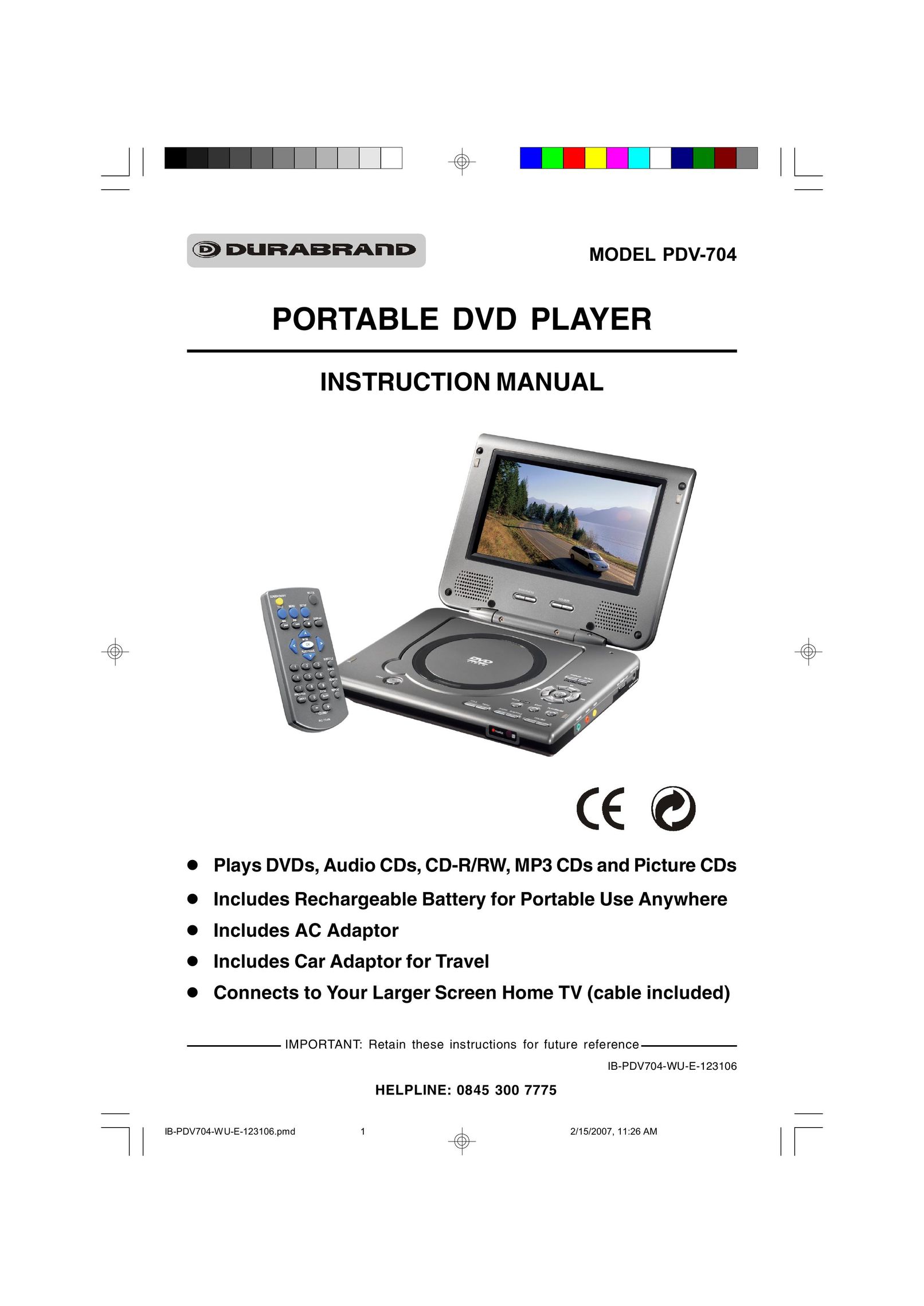 Durabrand PDV-704 Portable DVD Player User Manual