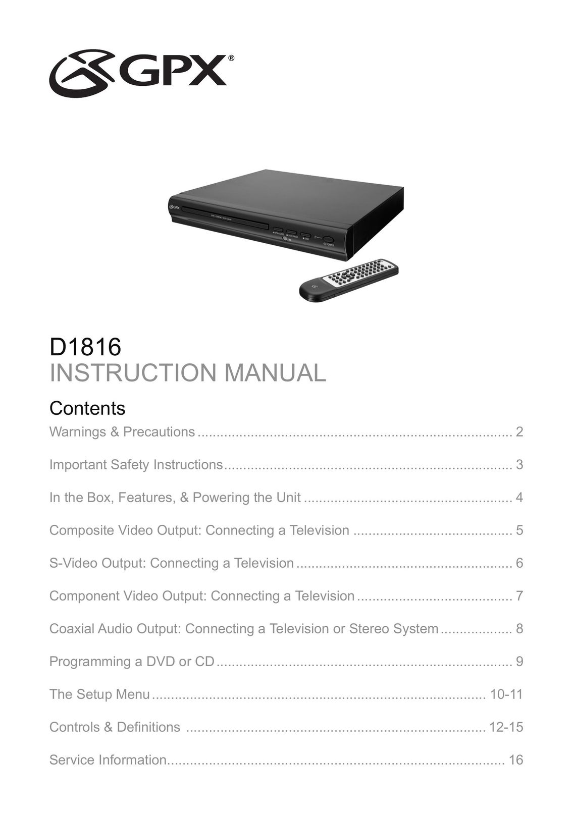 GPX D1816 Portable DVD Player User Manual