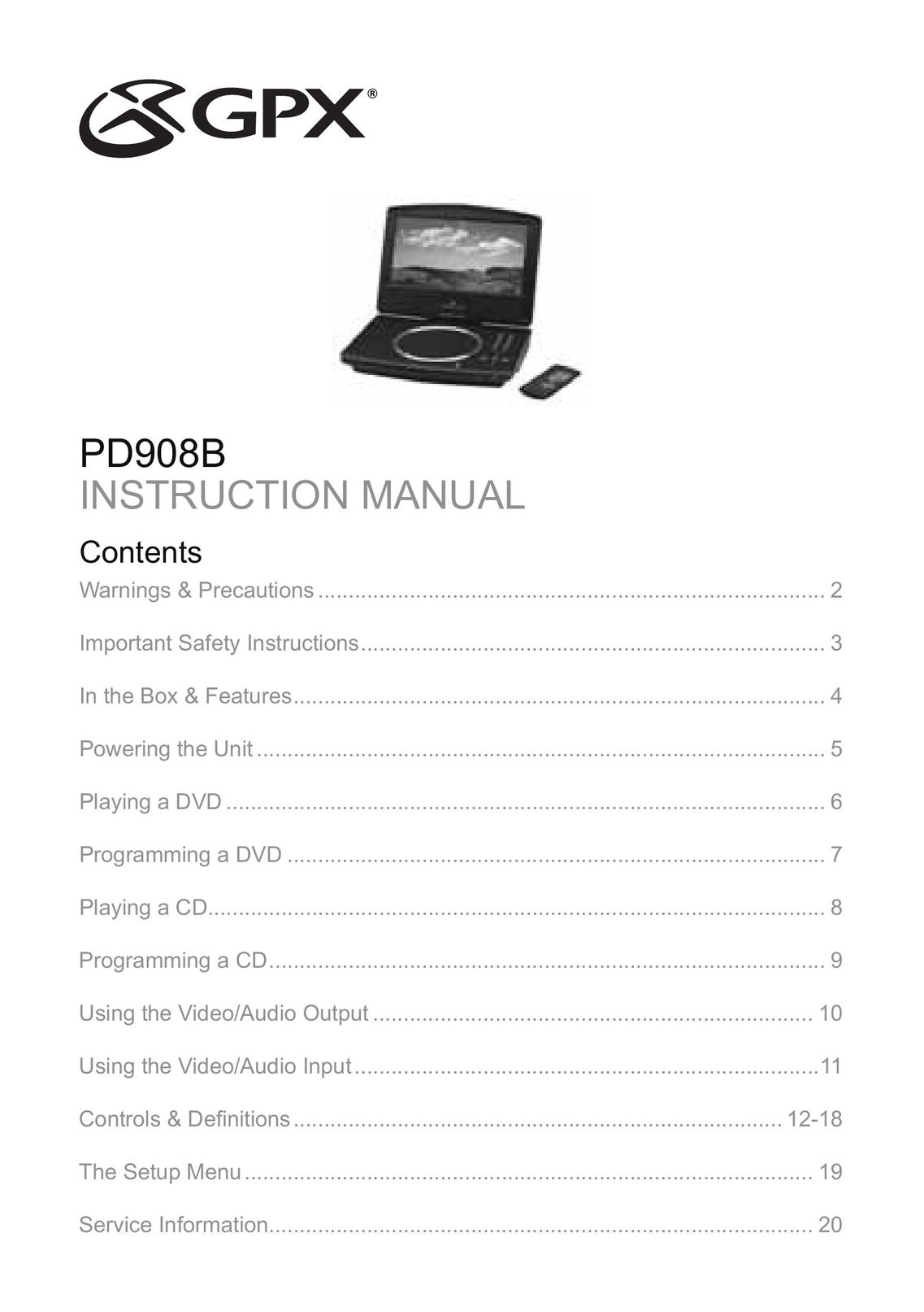 GPX PD908B Portable DVD Player User Manual