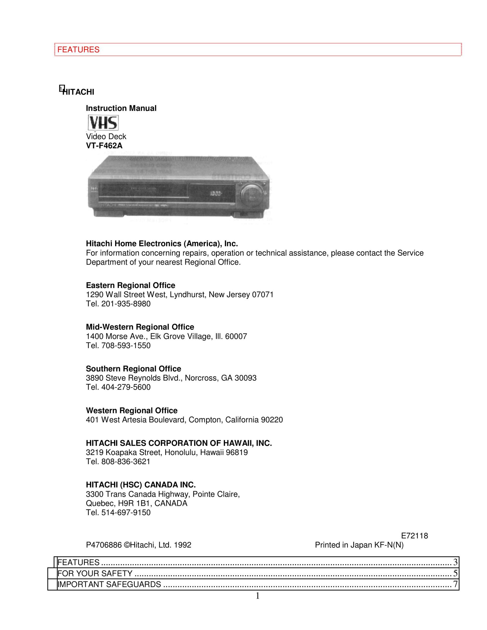 Hitachi VT-F462A Portable DVD Player User Manual