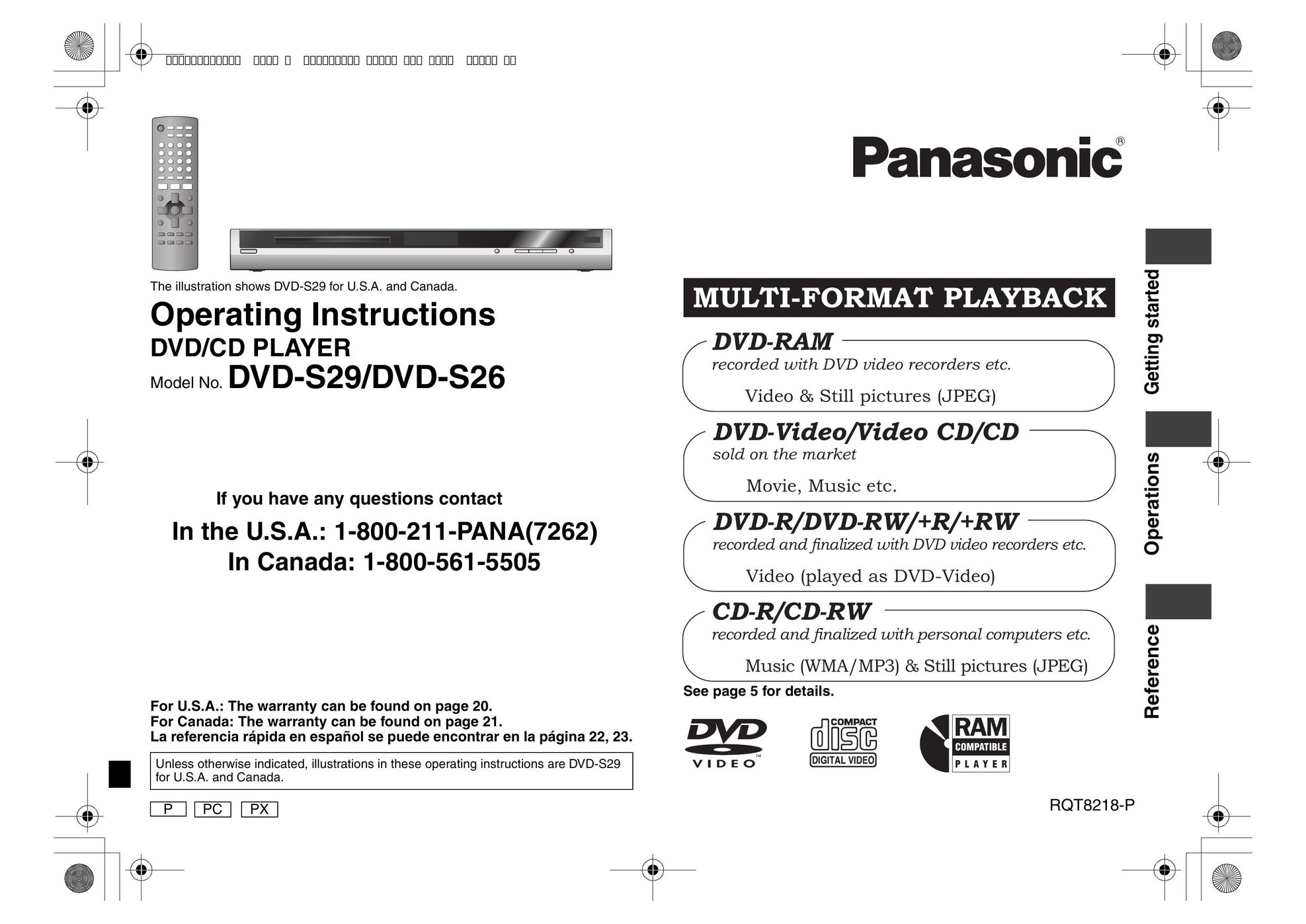 Panasonic RQT8218-P Portable DVD Player User Manual