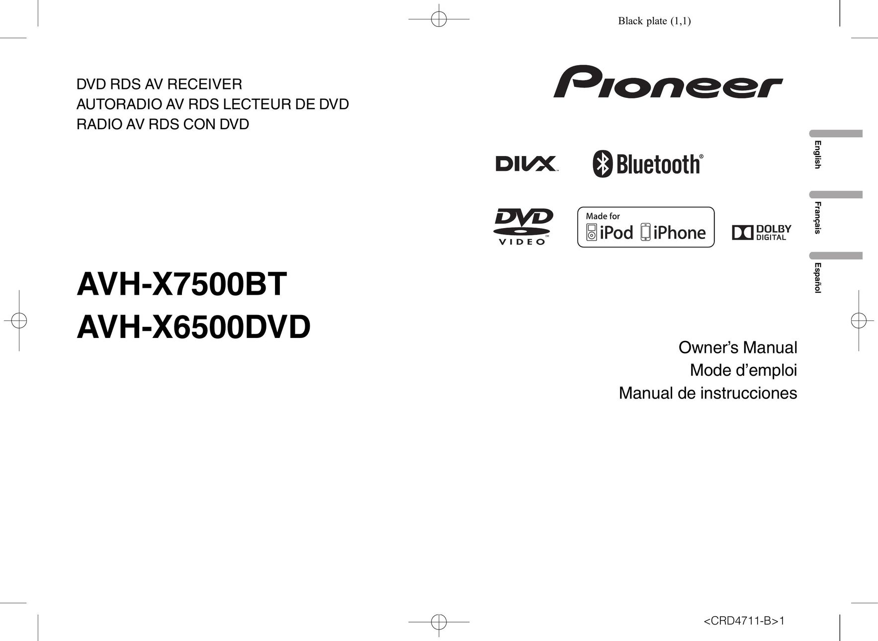 Pioneer AVH-X7500BT Portable DVD Player User Manual
