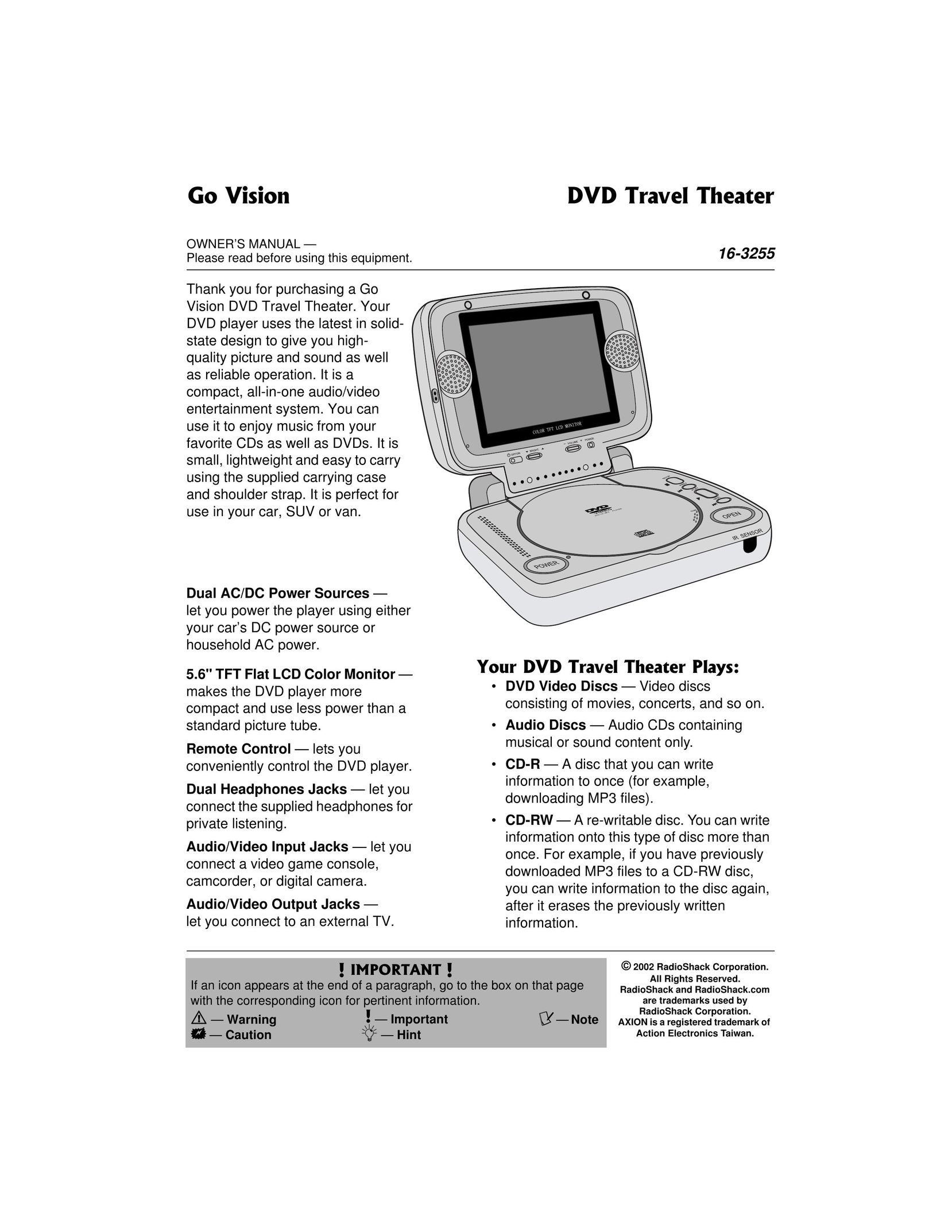 Radio Shack 16-3255 Portable DVD Player User Manual