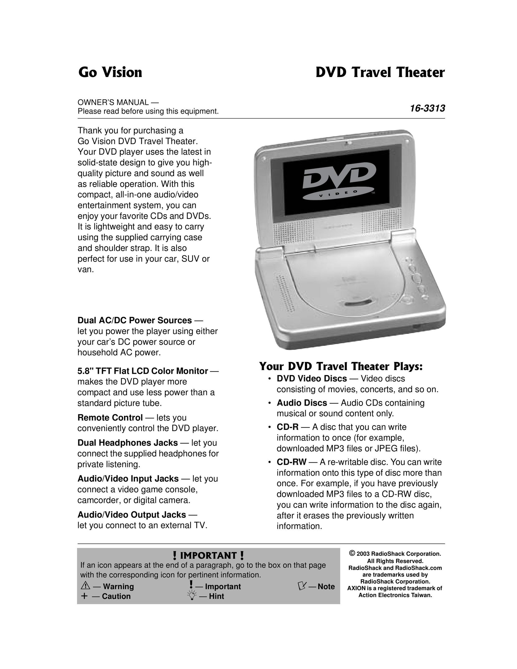 Radio Shack 16-3313 Portable DVD Player User Manual