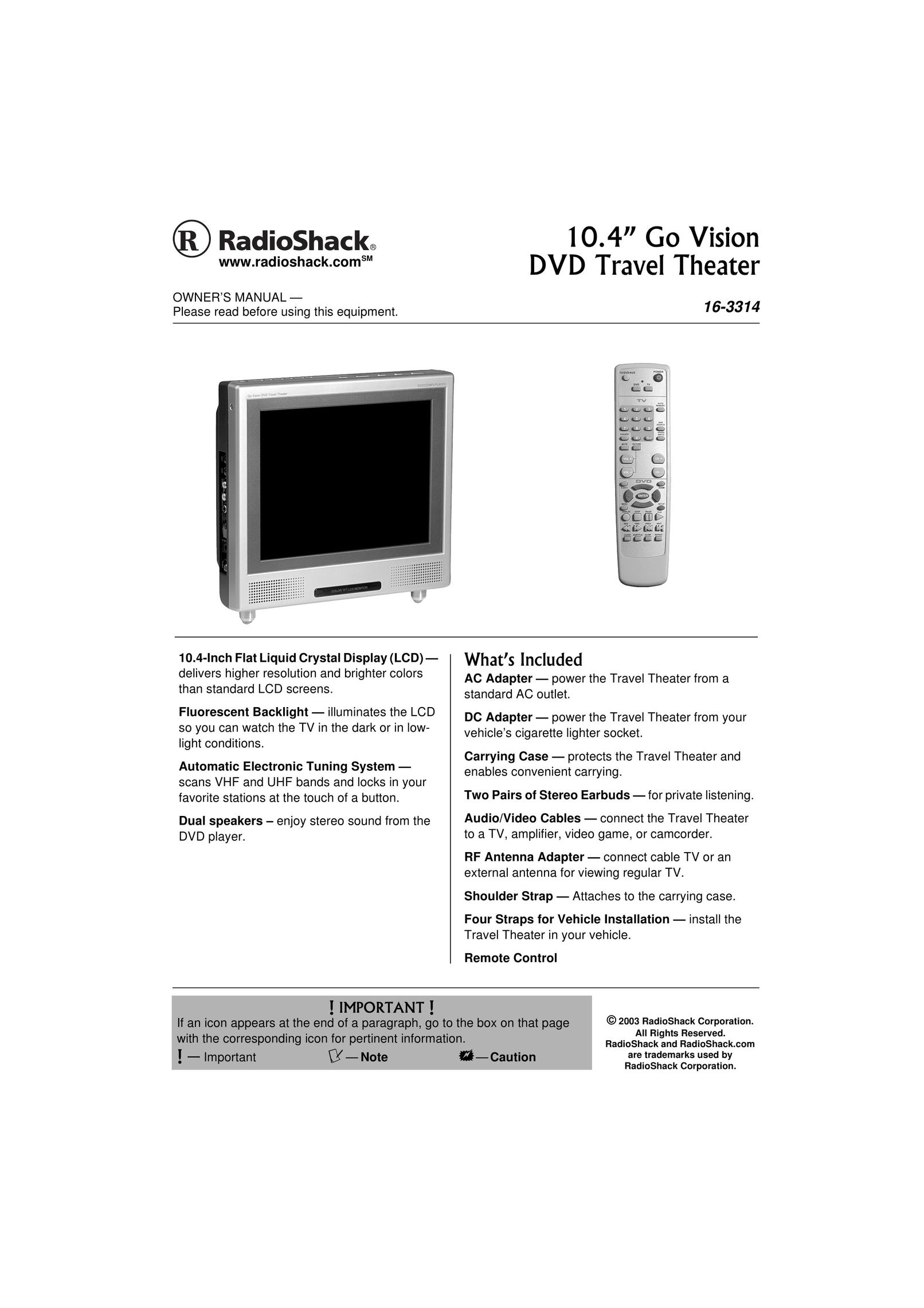 Radio Shack 16-3314 Portable DVD Player User Manual