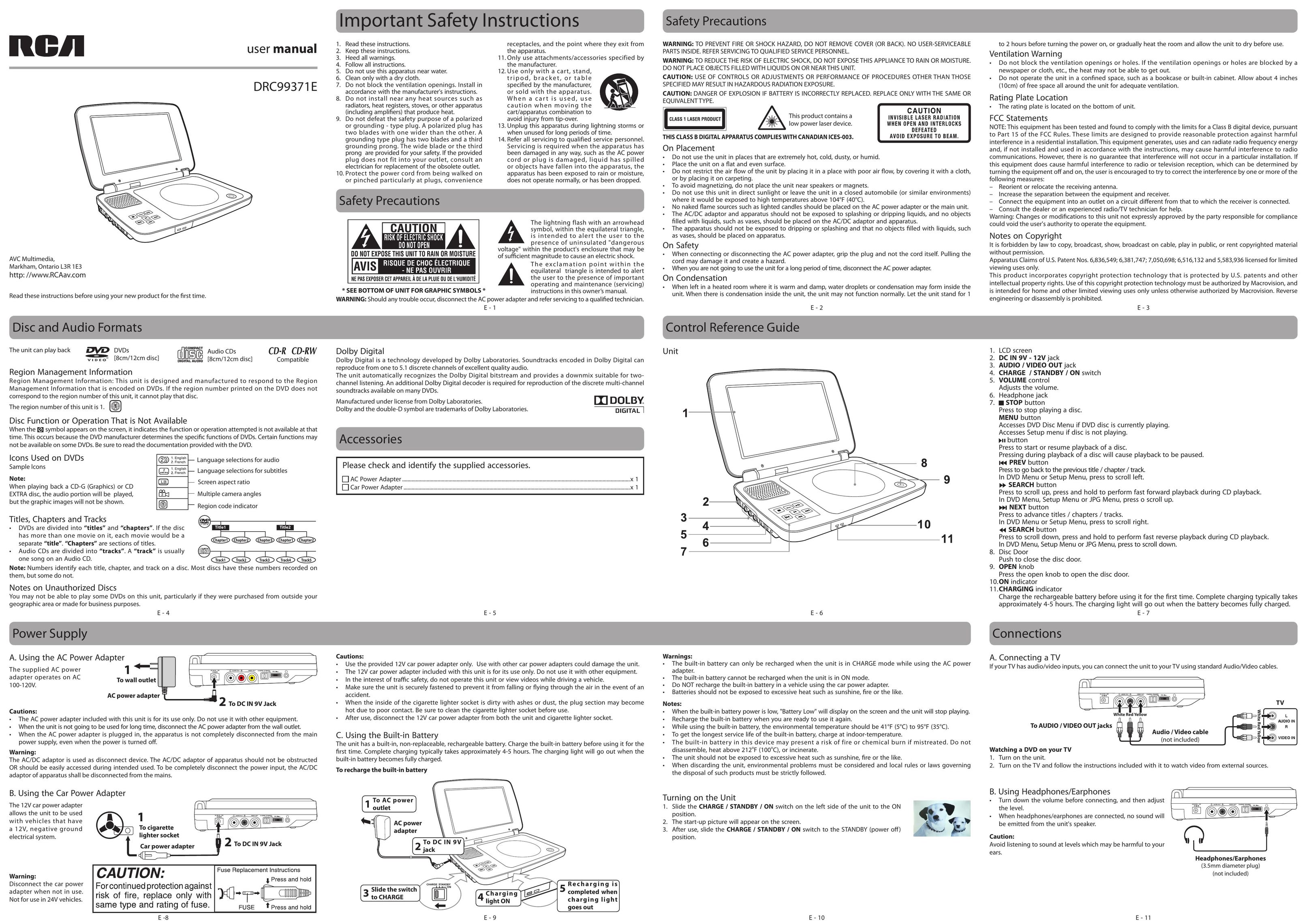 RCA DRC99371E Portable DVD Player User Manual