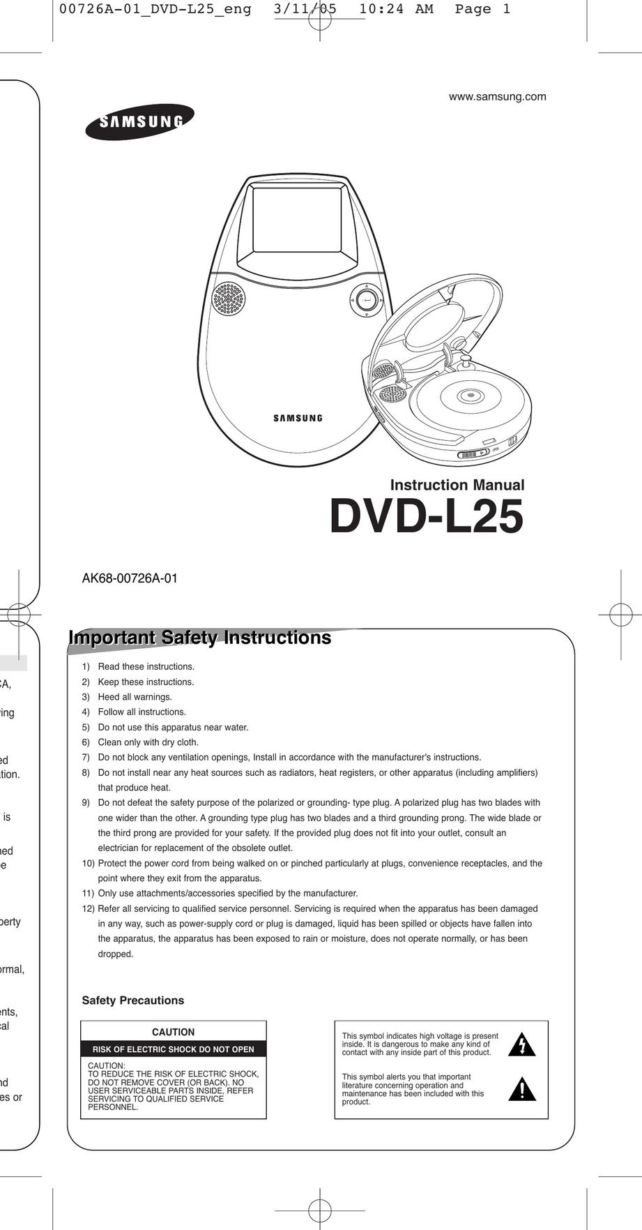 Samsung DVD-L25 Portable DVD Player User Manual
