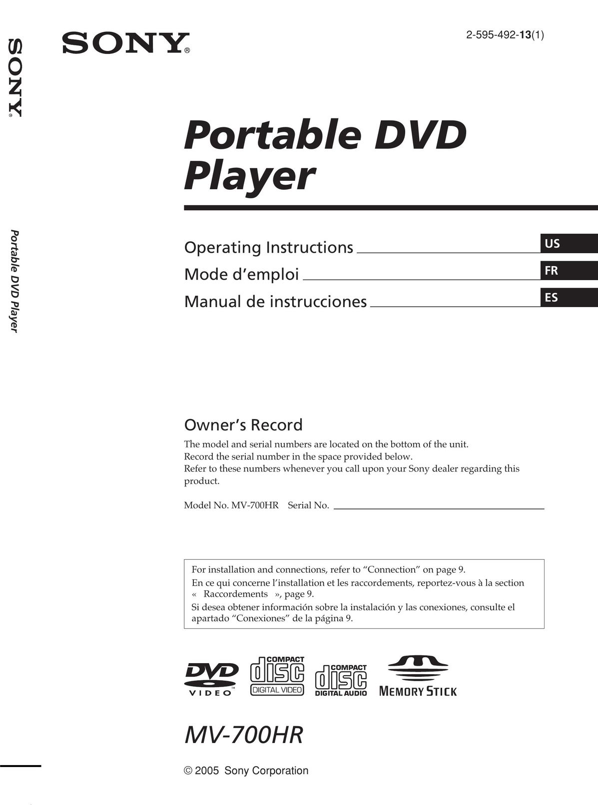Sony MV-700HR Portable DVD Player User Manual