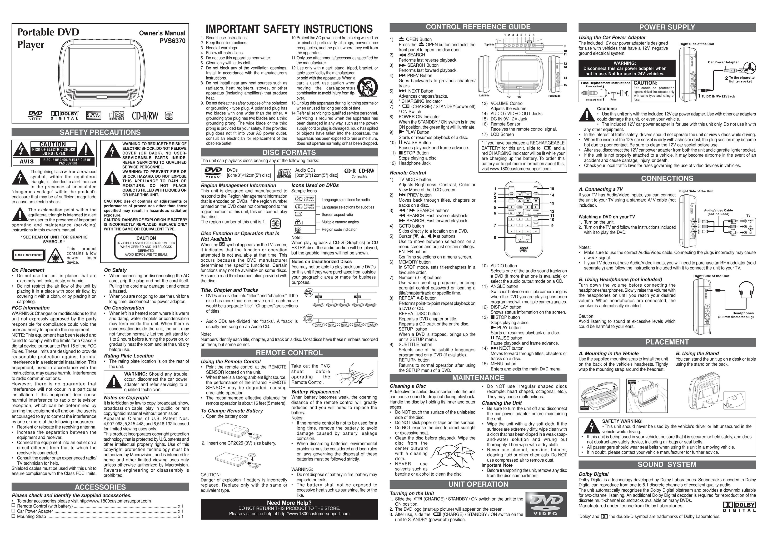 Venturer PVS6370 Portable DVD Player User Manual