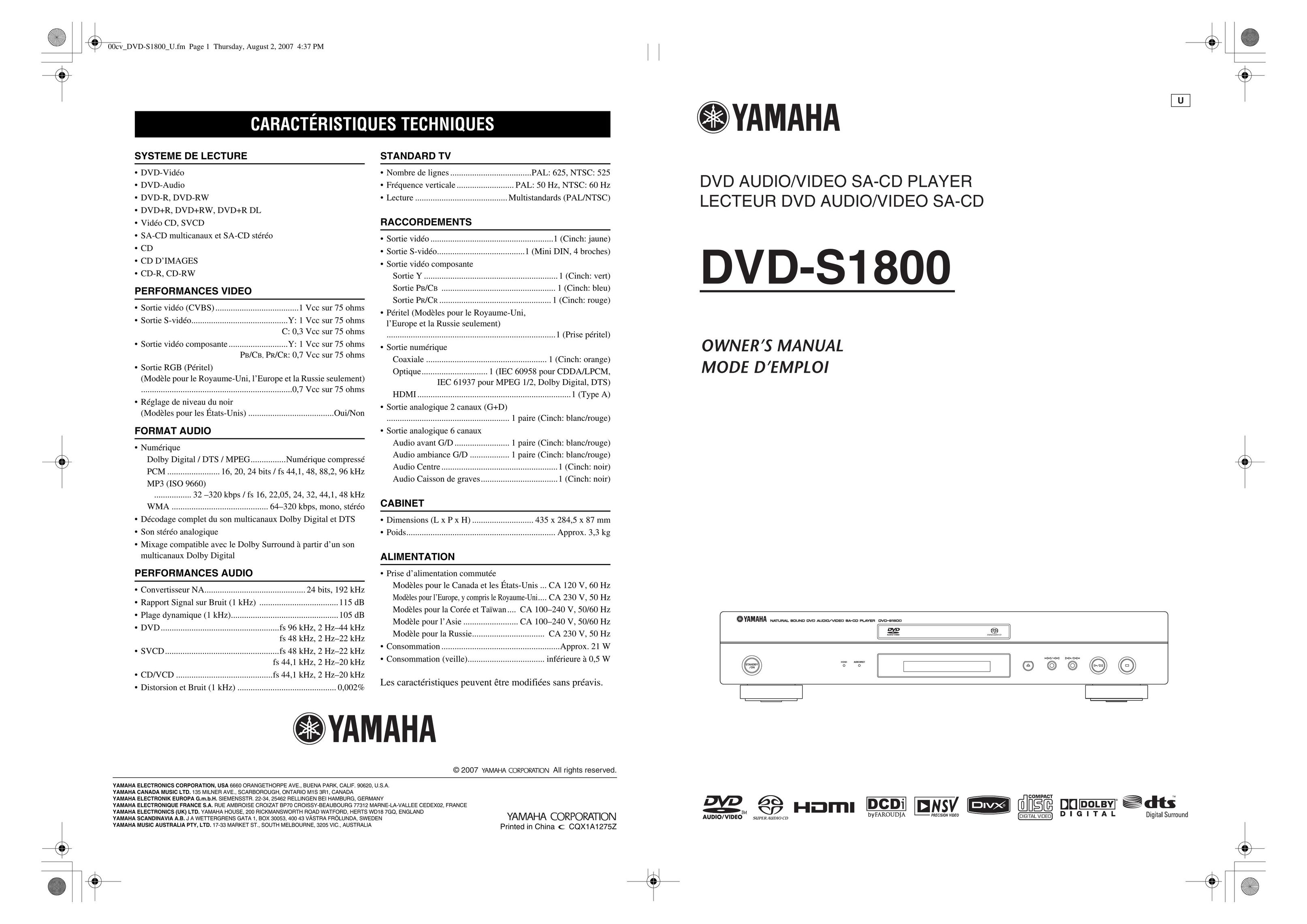 Yamaha DVD-S1800 Portable DVD Player User Manual