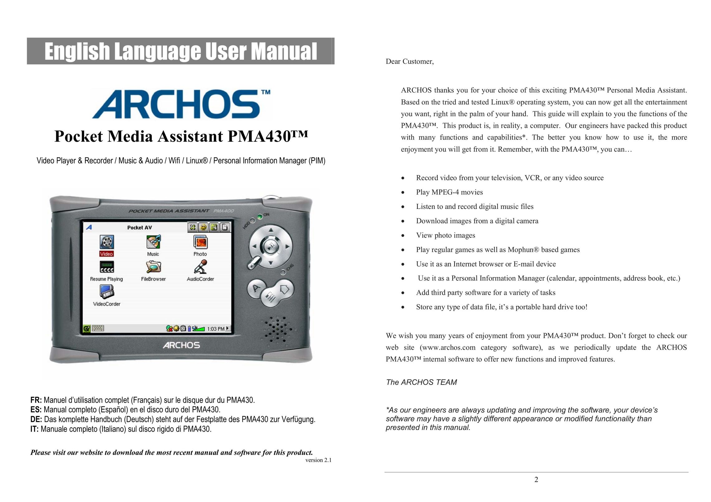 Archos PMA430TM Portable Multimedia Player User Manual