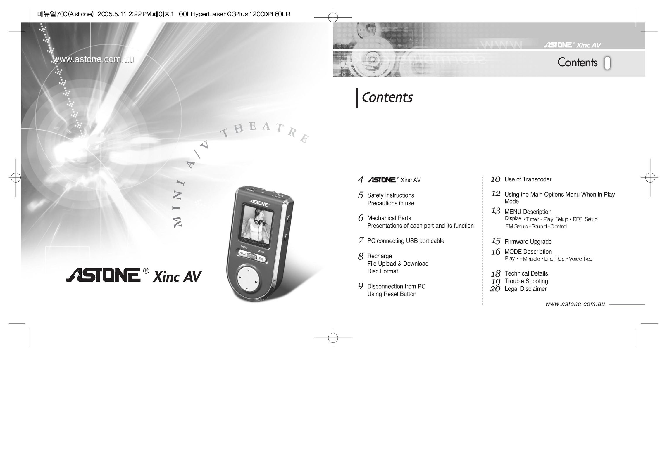 Astone Holdings Pty Xinc AV Mini A/V Theater Portable Multimedia Player User Manual