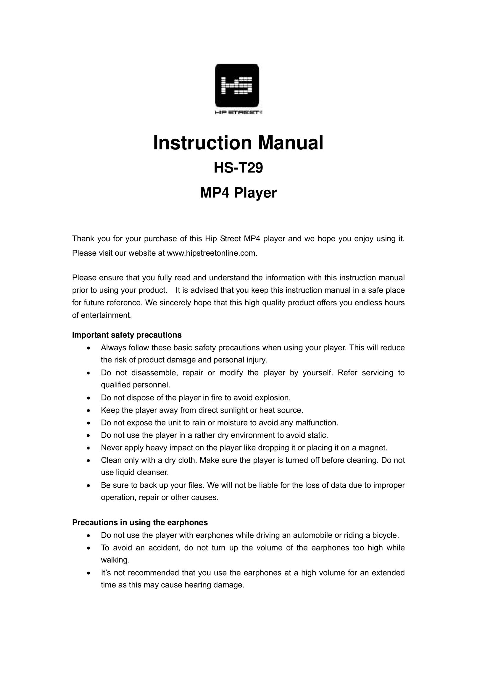 Hip Street HS-T29 Portable Multimedia Player User Manual