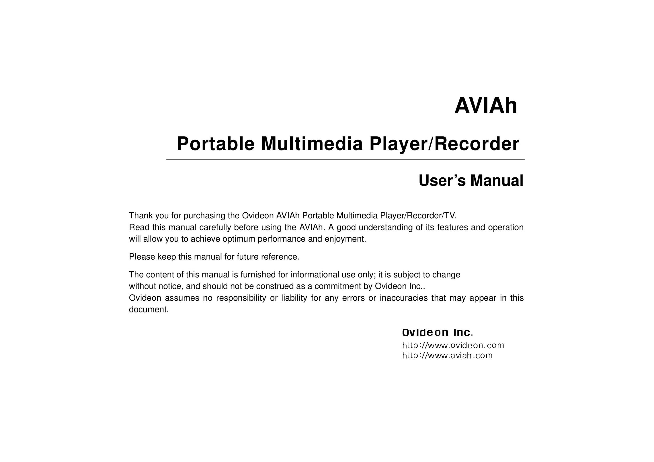 Ovideon AVIAh Portable Multimedia Player User Manual